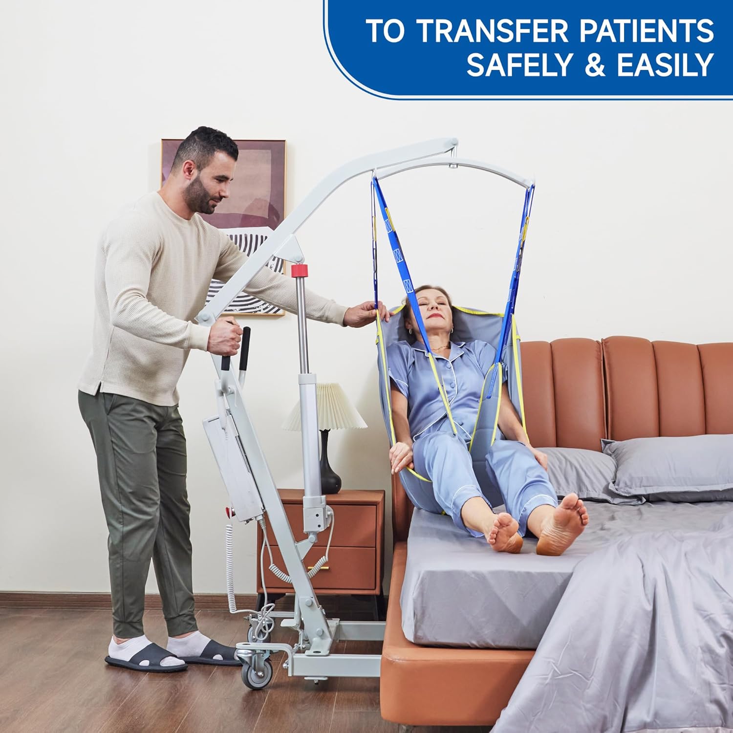 Electric Patient Lift, High-Capacity Rechargeable Battery, Low Base, 400 lb Weight Capacity with Adjustable Base and Sling, with Manual Lowering Device, Easy-Assembly, Battery-Powered.