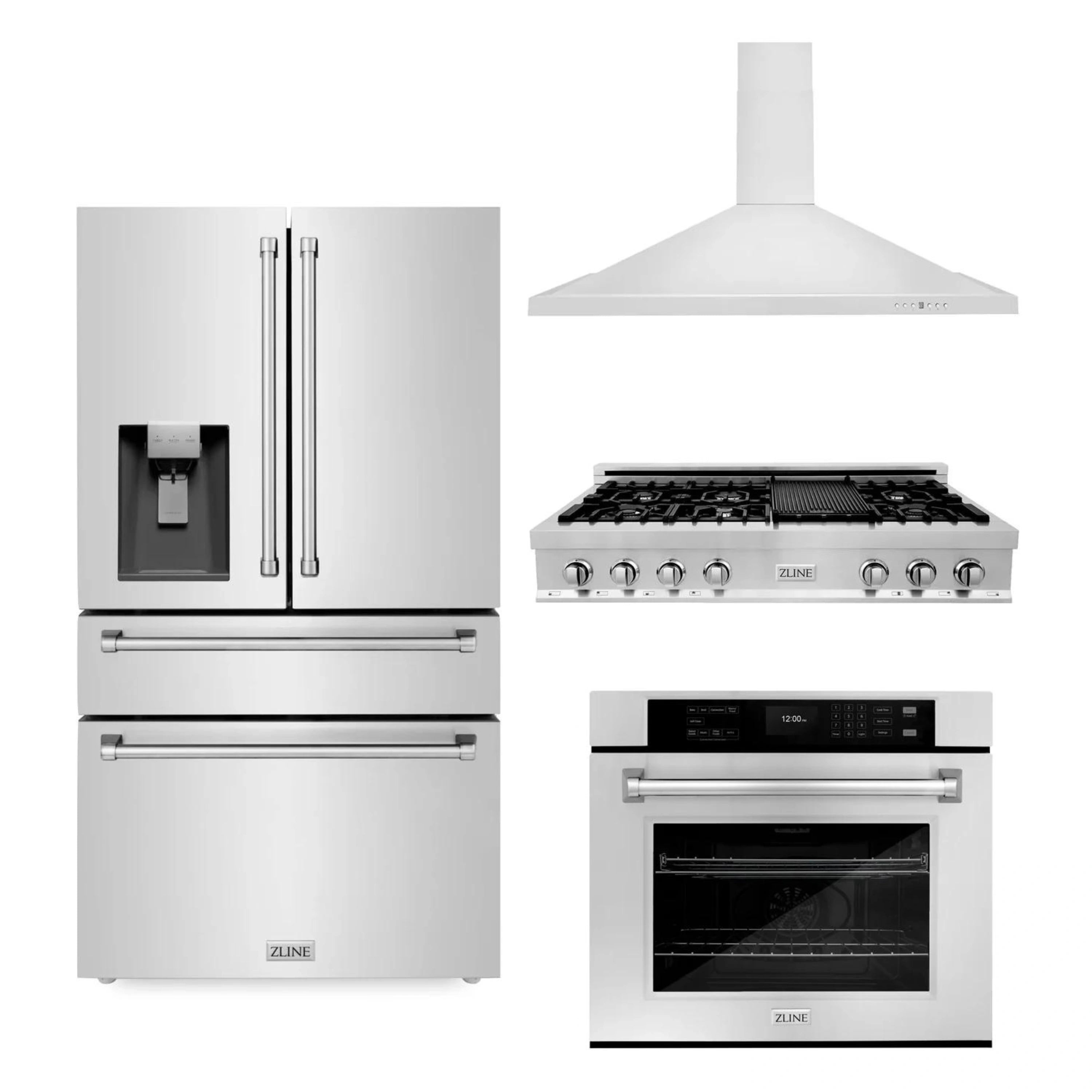 ZLINE 4-Piece Appliance Package - 48-Inch Rangetop, 30鈥?Wall Oven, 36鈥?Refrigerator with Water Dispenser, and Convertible Wall Mount Hood in Stainless Steel (4KPRW-RTRH48-AWS)