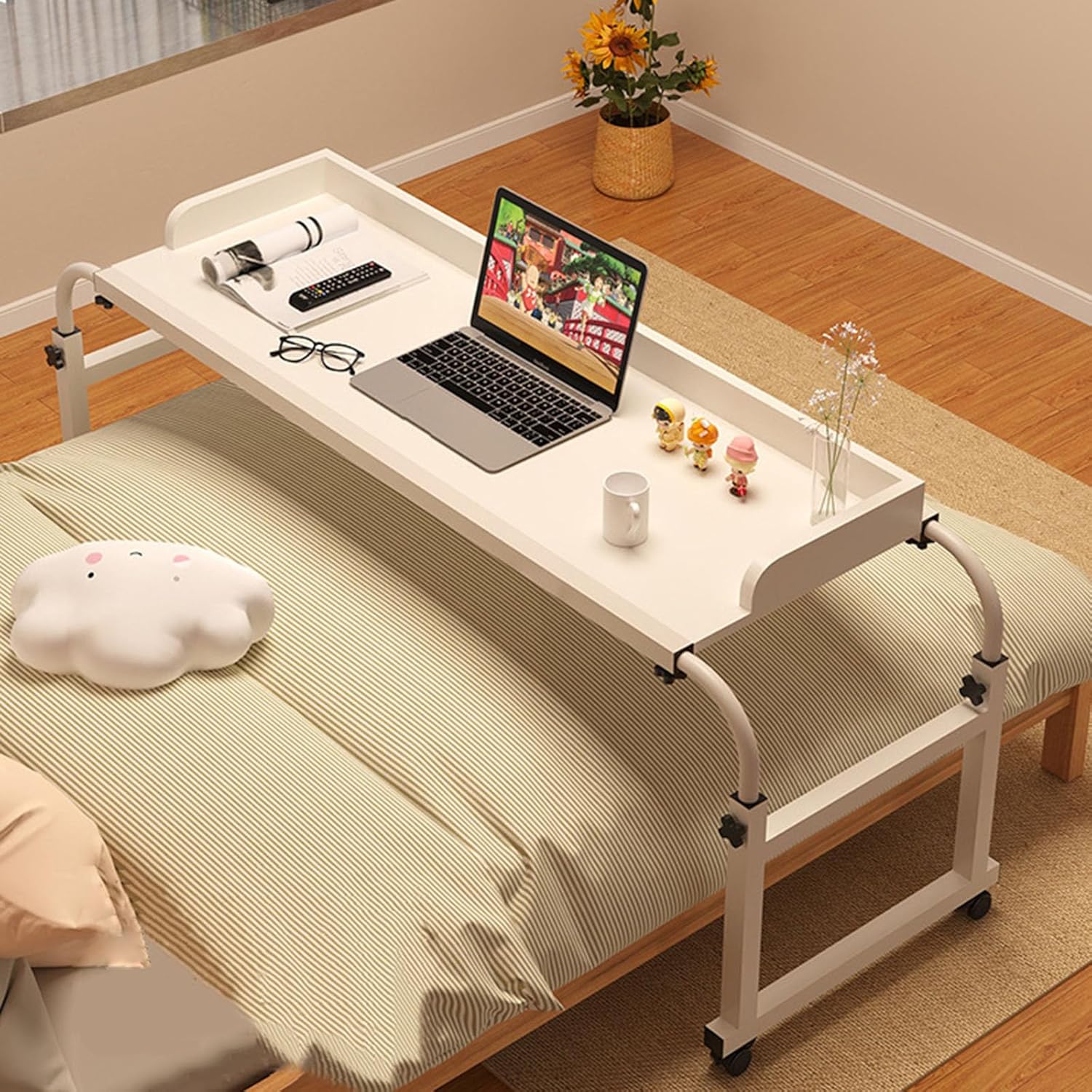 Adjustable Overbed Laptop Desk, Rolling Storage Trolley Mobile Bedside Table with 4 Wheels Standing Workstation - Ideal for Home and Hospital Use