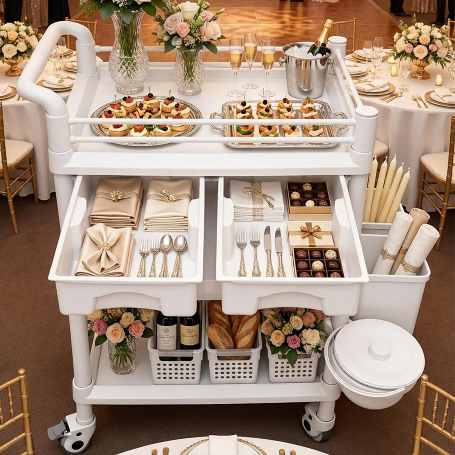 Rolling Utility Cart - ABS 110LBS Capacity, 3-Tier Utility Salon Rolling Trolley with 3 Big Baskets/2 Hidden Drawers, Rolling Cart with Drawers for Medical Supplies/Home/Salon