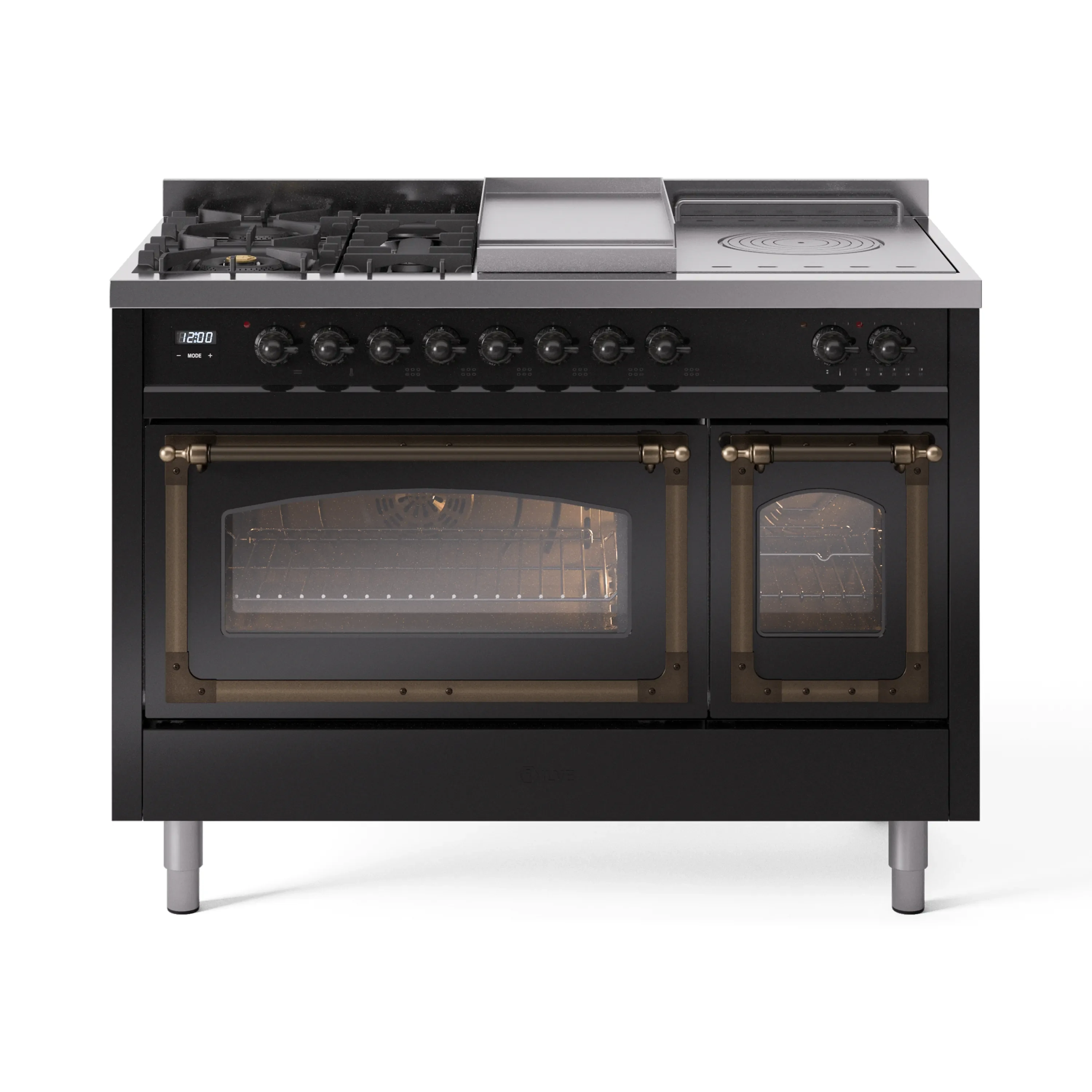 ILVE Nostalgie II Noblesse 48-Inch Dual Fuel Range with 5 Burners, Griddle, & French Top with Triple Glass Door Oven in Glossy Black with Bronze Trim (UN48FSNMPBKB)