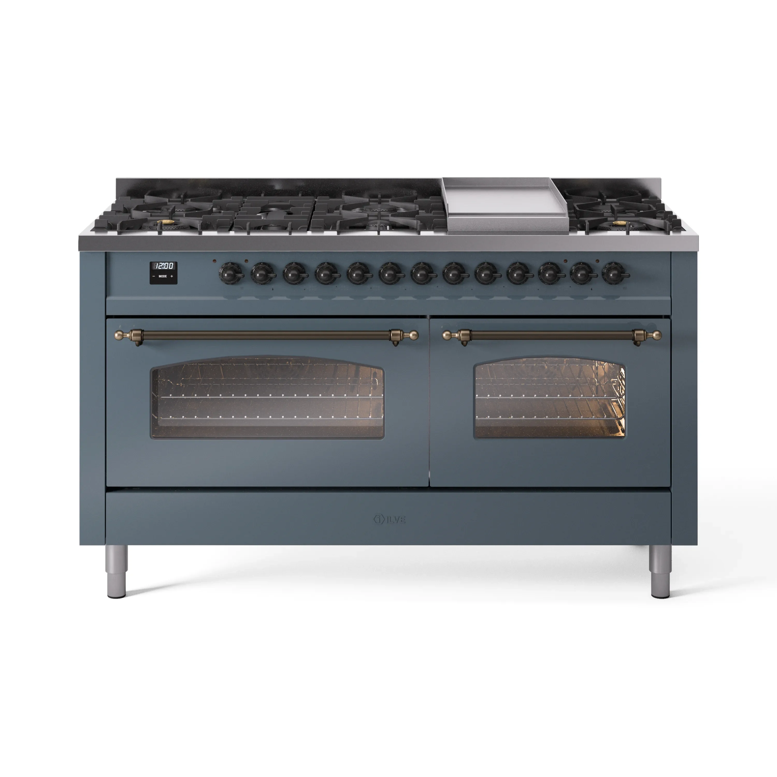 ILVE 60-Inch Nostalgie II Dual Fuel Range with 9 Burners, Griddle and Triple Glass Door Oven in Blue Grey with Bronze Trim (UP60FNMPBGB)