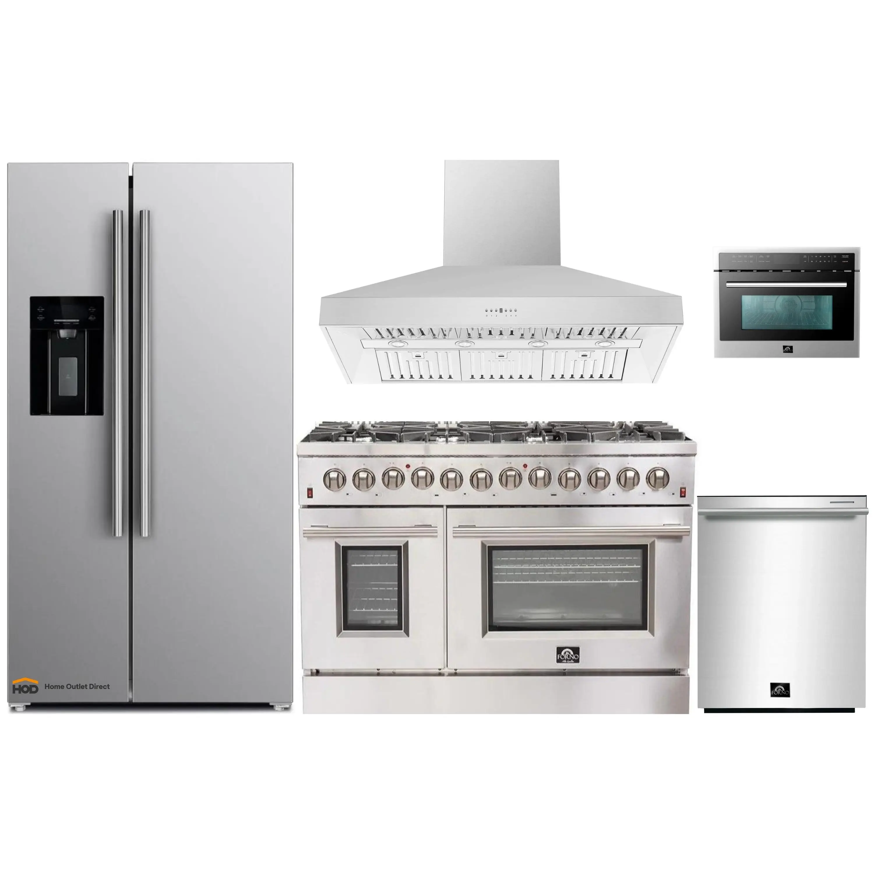 Forno 5-Piece Appliance Package - 48-Inch Dual Fuel Range, Refrigerator with Water Dispenser, Wall Mount Hood, 24-Inch Microwave Oven, & 3-Rack Dishwasher in Stainless Steel