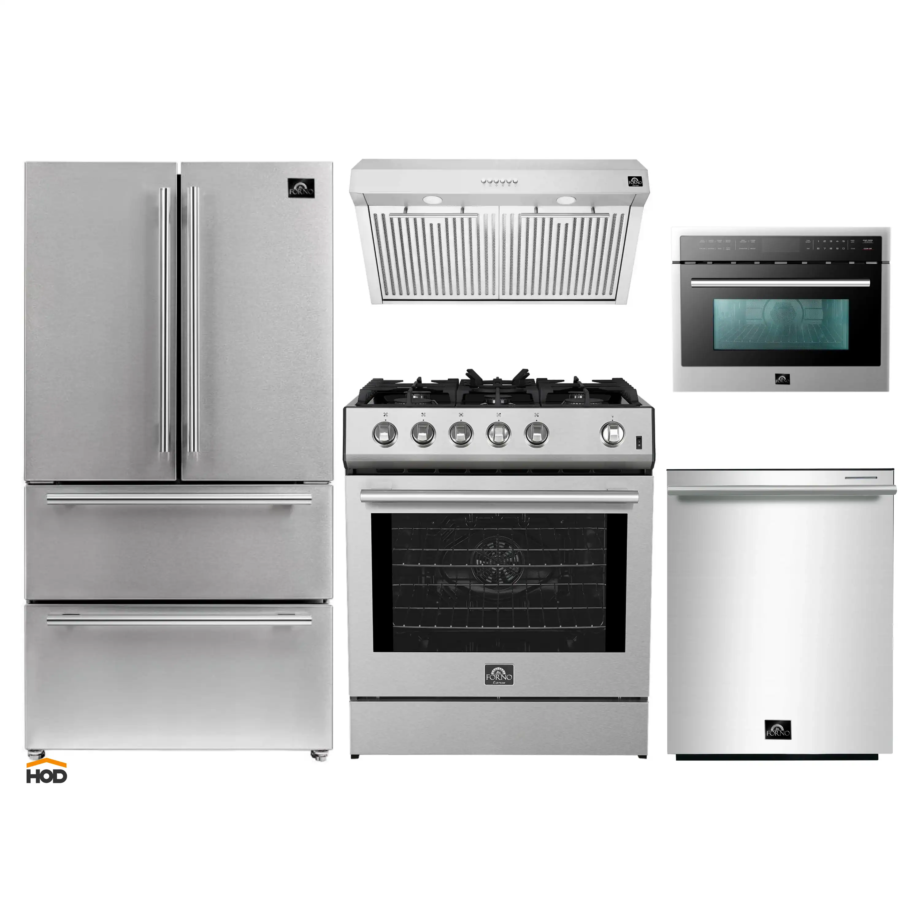 Forno 5-Piece Appliance Package - 30-Inch Gas Range, Under Cabinet Range Hood, Refrigerator, Dishwasher, and  24-Inch Microwave Oven in Stainless Steel