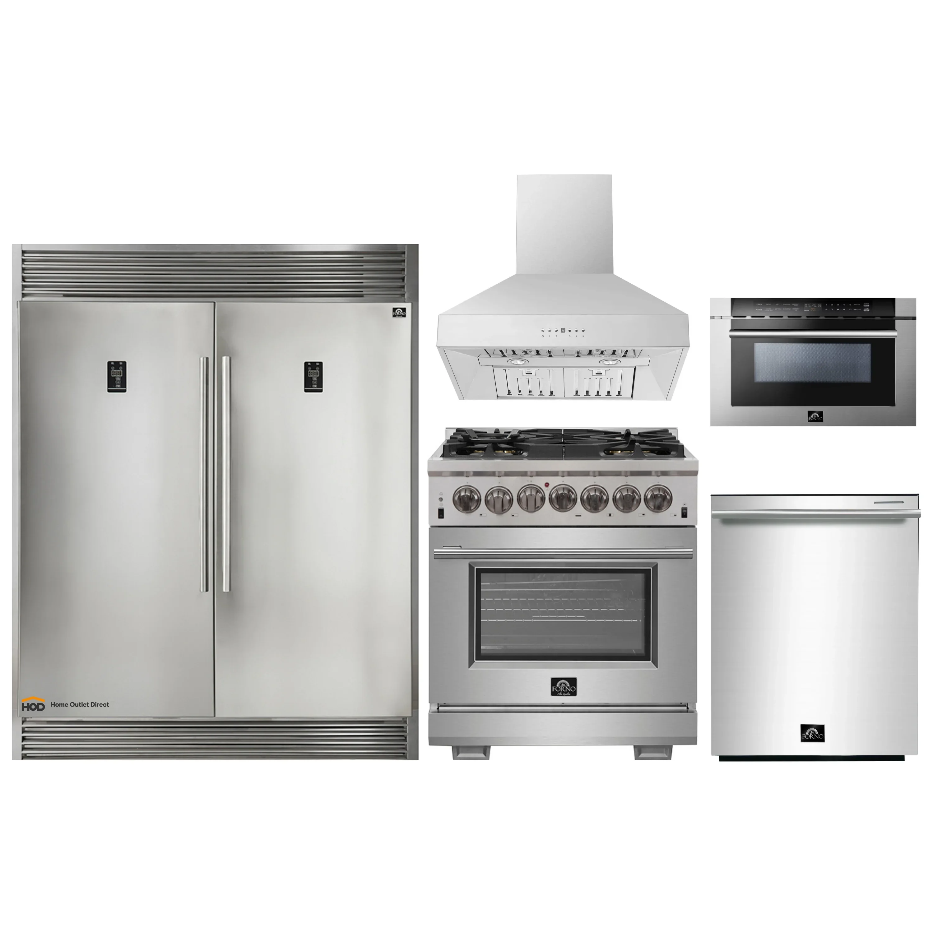 Forno 5-Piece Pro Appliance Package - 30-Inch Dual Fuel Range, 60-Inch Pro-Style Refrigerator, Wall Mount Hood, 24-Inch Microwave Drawer, & 3-Rack Dishwasher in Stainless Steel
