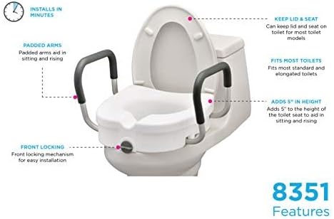 NOVA Medical Products Elevated Raised Toilet Seat with Removable, Adjustable Padded Arms, 20” Width Between Arms, Locking, Easy On and Off for Standard and Elongated Toilets, White, 1 Count