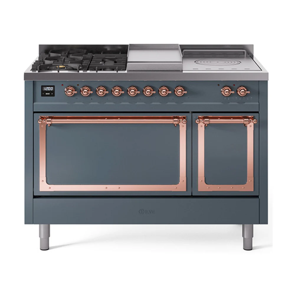 ILVE 48-Inch Nostalgie II Noblesse Dual Fuel Range with 5 Sealed Burners, Griddle, French Top and Solid Door Oven in Blue Grey with Copper Trim (UN48FSQNMPBGP)