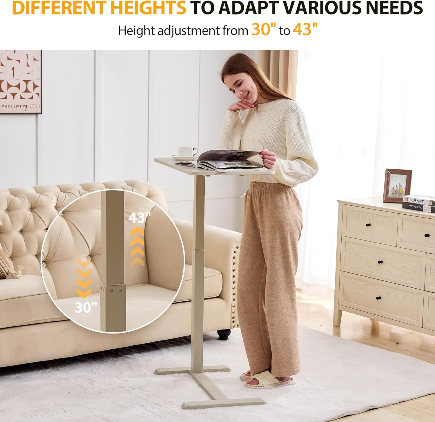 Overbed Table with Hidden Wheels, Height Adjustable Medical Bed Table Hospital Bedside Table, 28