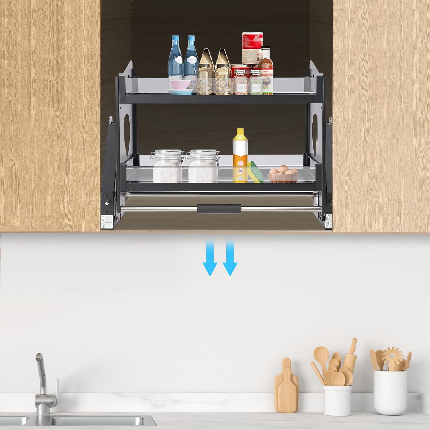 Pull Down Cabinet Organizer, 2 Tier Kitchen Cabinet Pull Down Shelf with Extended Rocker Arms, Hydraulic Support Rods, Pull Out Organizer for Kitchens,Bars,Coffee Cabinets