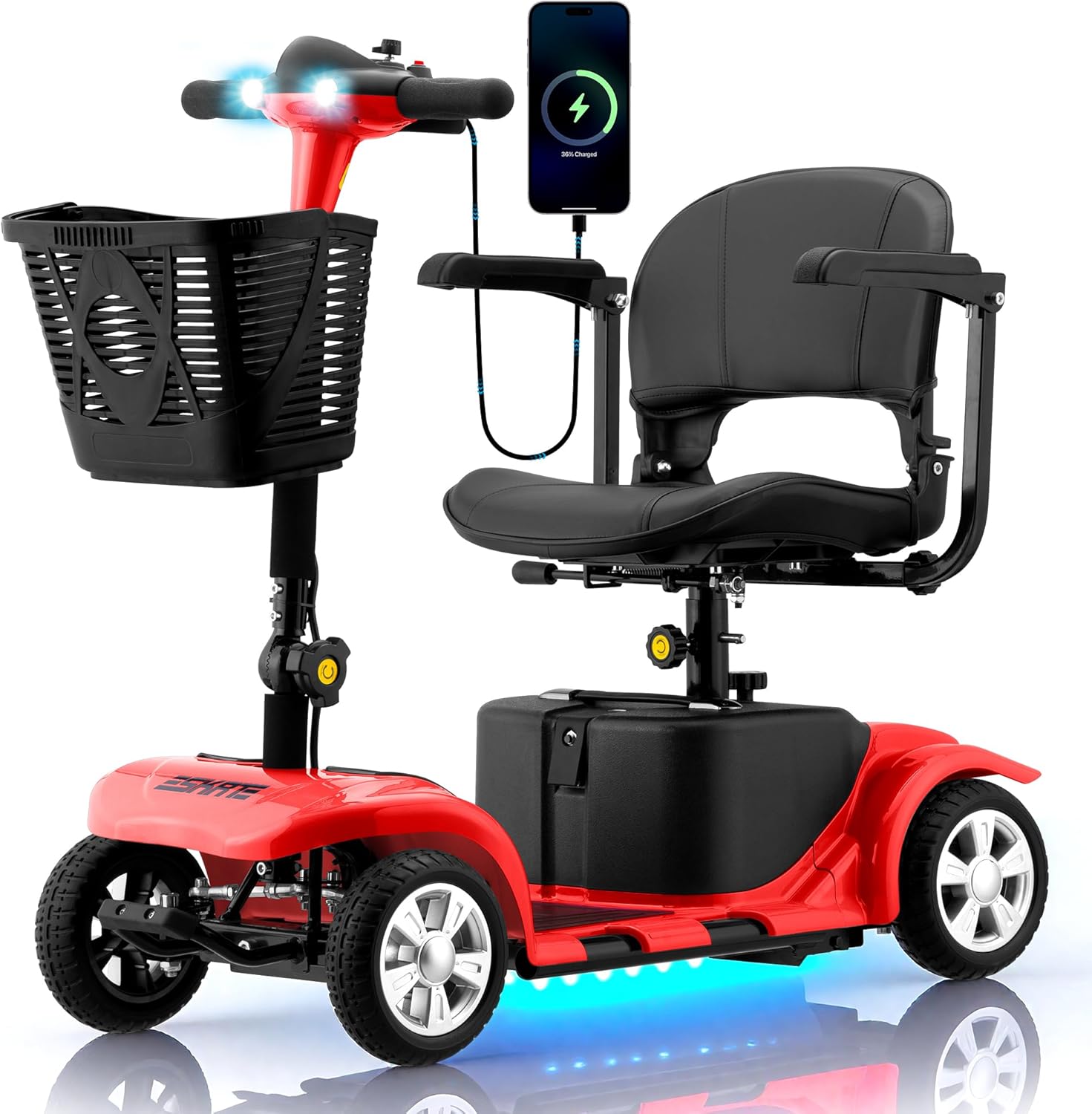 Mobility Scooter for Adults, Senior, Skmc 4 Wheels Electric Powered Chargeable Device for Travel, Lightweight and Portable, with LED Headlights and Basket, Charger Included, Red/Blue (RED red)