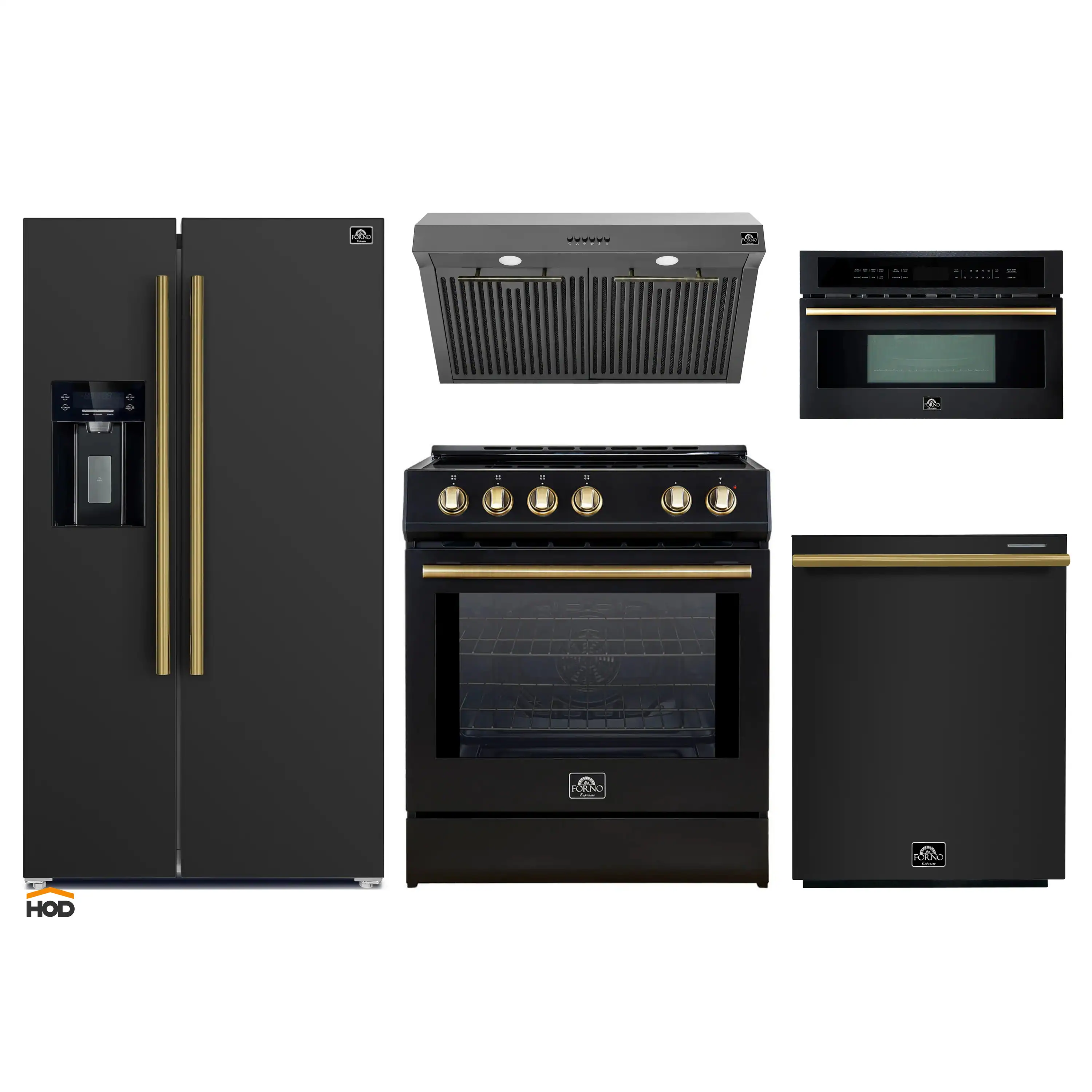 Forno 5-Piece Appliance Package - 30-Inch Induction Range, Under Cabinet Range Hood, Refrigerator with Water Dispenser, Dishwasher, and 30-Inch Microwave Oven in Black with Antique Brass Trim