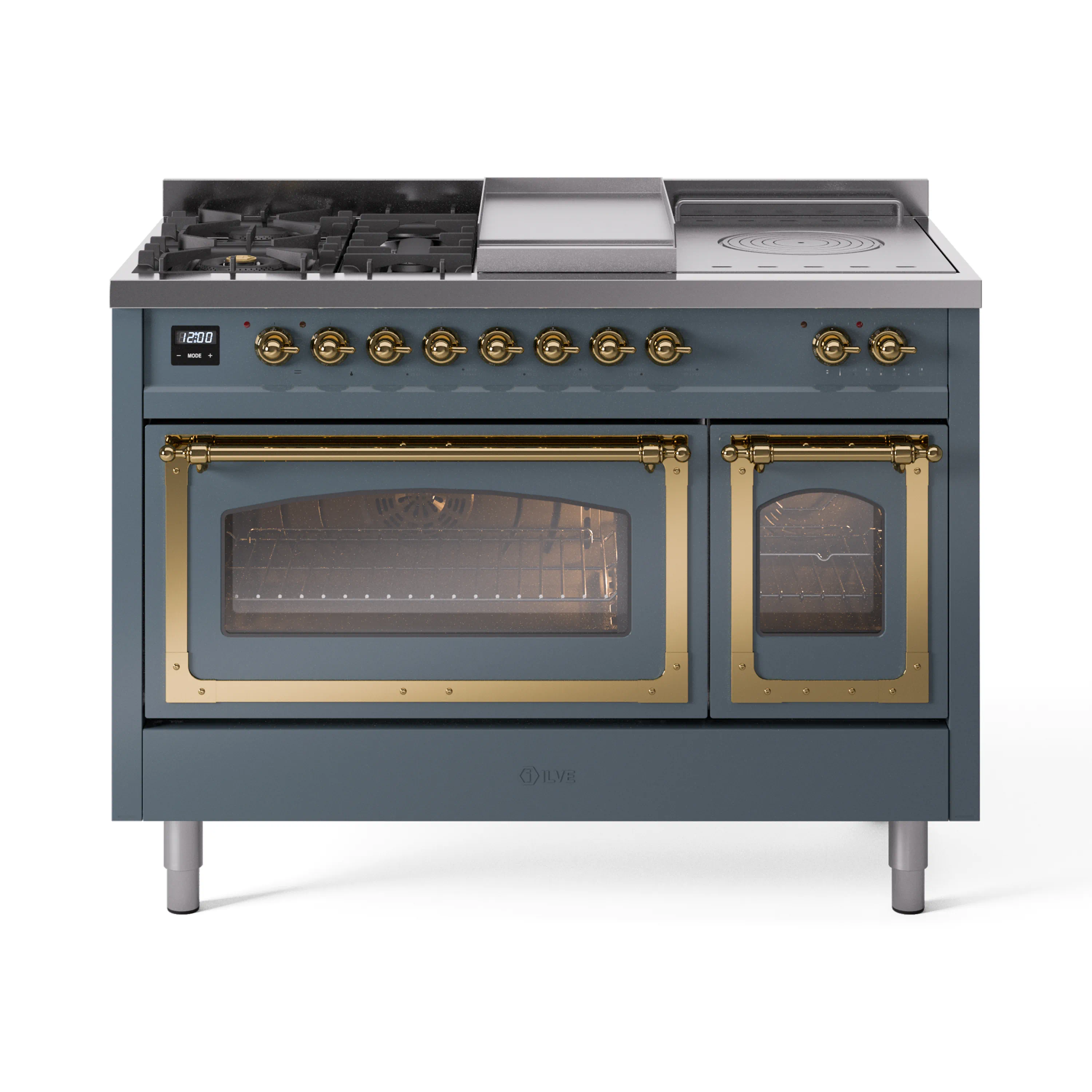 ILVE Nostalgie II Noblesse 48-Inch Dual Fuel Range with 5 Burners, Griddle, & French Top with Triple Glass Door Oven in Blue Grey with Brass Trim (UN48FSNMPBGG)