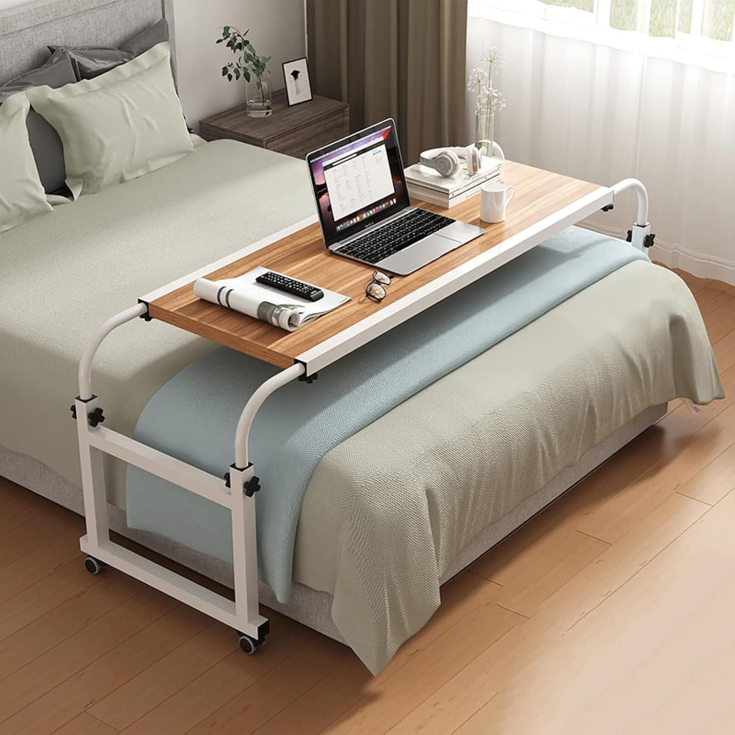 Overbed Table with Wheels Height Adjustable Computer Desk Standing Workstation Food Tray Desk Rolling Medical Table for Twin/Full/Queen/King Size Bed Frame(Beige)
