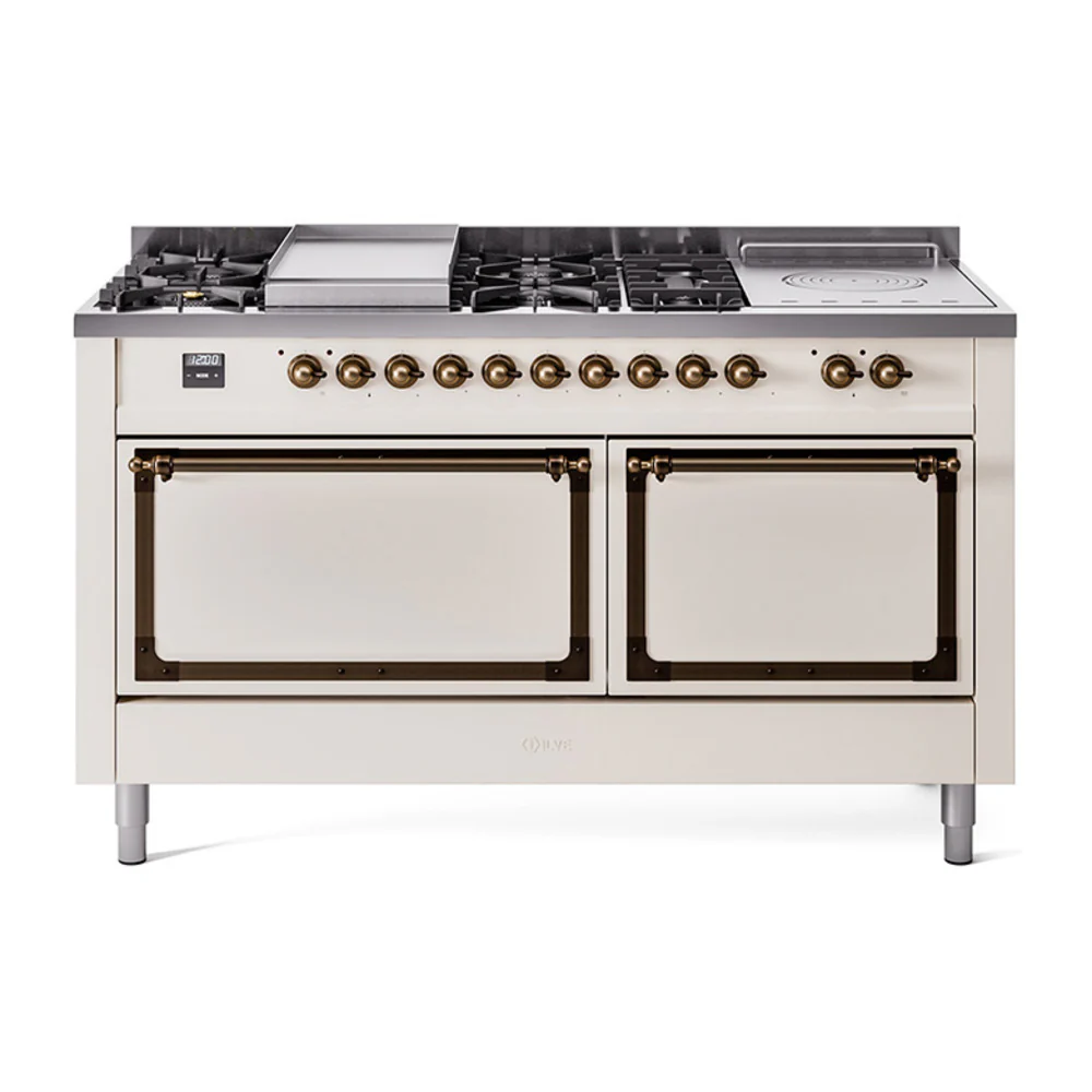 ILVE 60-Inch Nostalgie II Noblesse Dual Fuel Range with 7 Sealed Burners, Gridlde, French Top, and Solid Door Oven in Antique Whitewith Bronze Trim (UN60FSQNMPAWB)