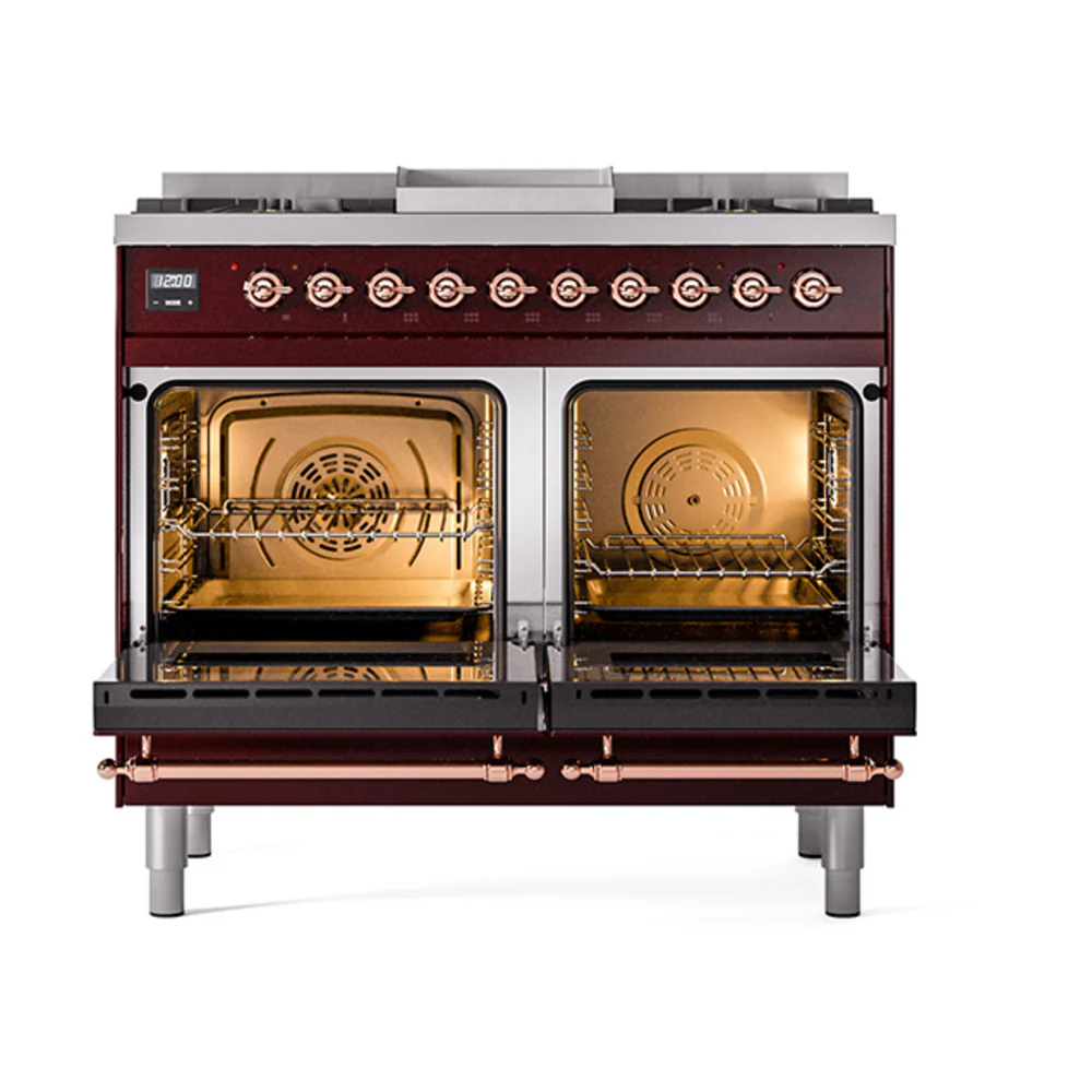 ILVE 40-Inch Nostalgie II Dual Fuel Range with 6 Burners, Griddle and Solid Door Oven in Burgundy with Copper Trim (UPD40FQNMPBUP)
