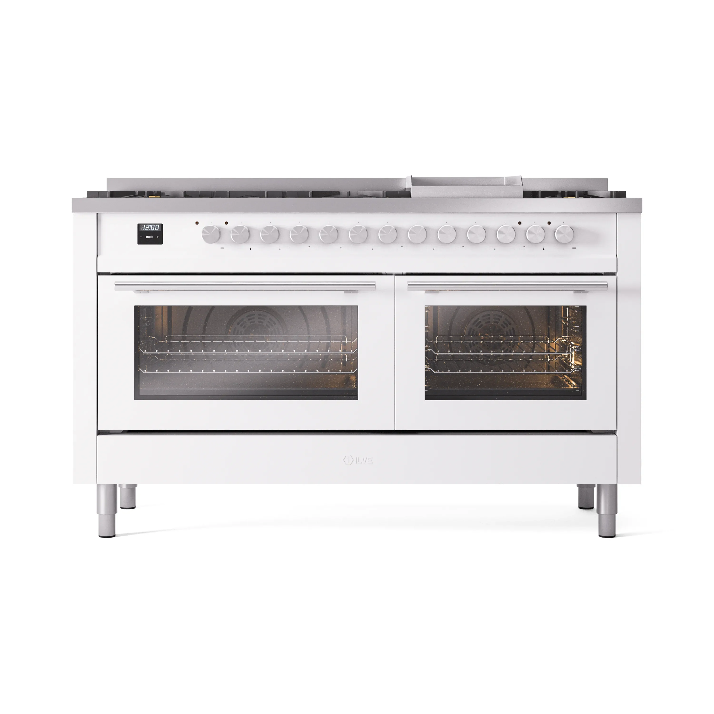 ILVE 60-inch Professional Plus II Dual Fuel Range with 9 Burners, Griddle, and Triple Glass Door Oven in White (UP60FWMPWH)