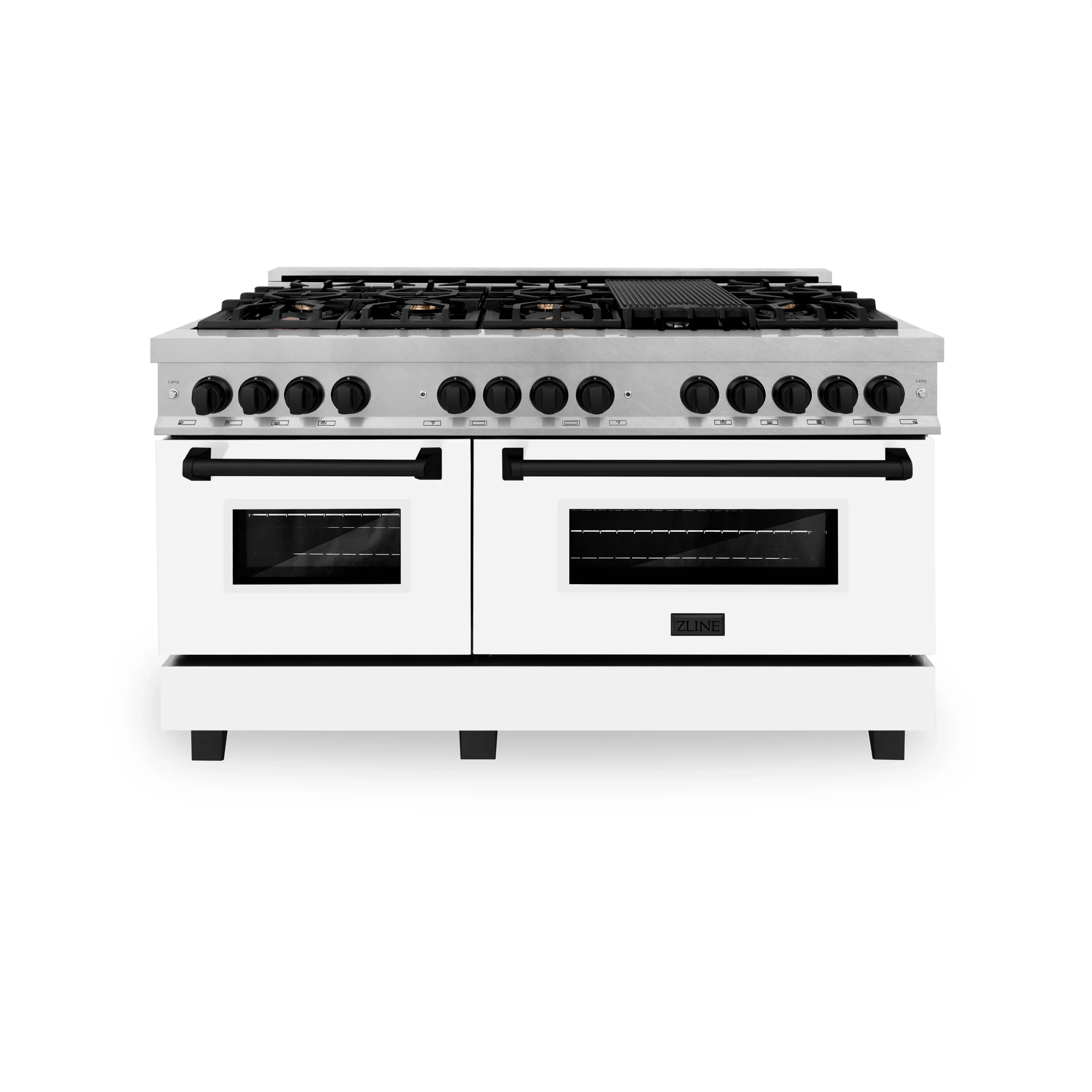 ZLINE Legacy Series Autograph Edition 60-inch Dual Fuel Range with Gas Stove and 7.4 Cu. Ft. Electric Oven in Fingerprint Resistant Satin Stainless Steel with White Matte Door and Matte Black Accents (RASZ-WM-60-MB)