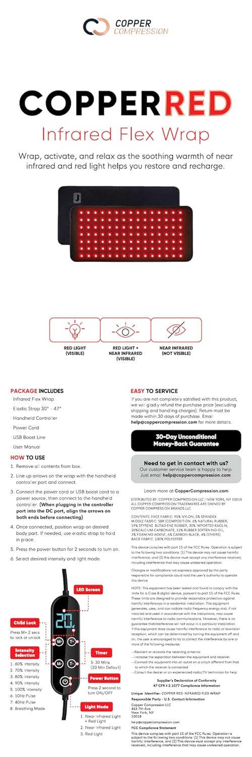CopperRed™ Infrared Flex Wrap Red Light Therapy Device by Copper Compression. Dual Wavelength, Near Infrared Technology NIR for Muscle, Joint, and Full Body Recovery