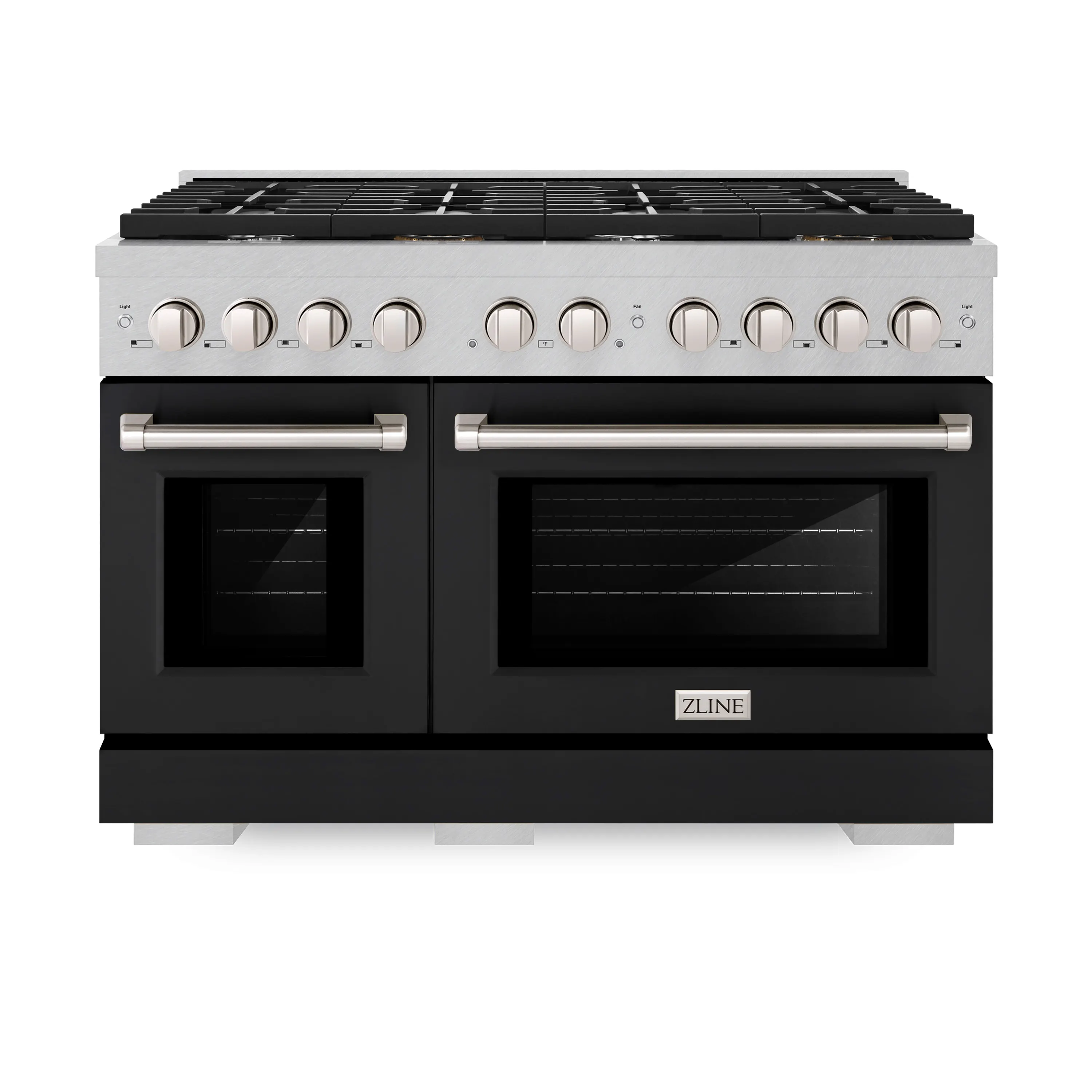 ZLINE 48-Inch 6.7 cu. ft. Paramount Double Oven Dual Fuel Range with 8 Burner Gas Cooktop in Satin Stainless Steel with Black Matte Doors (SDRS-BLM-48)