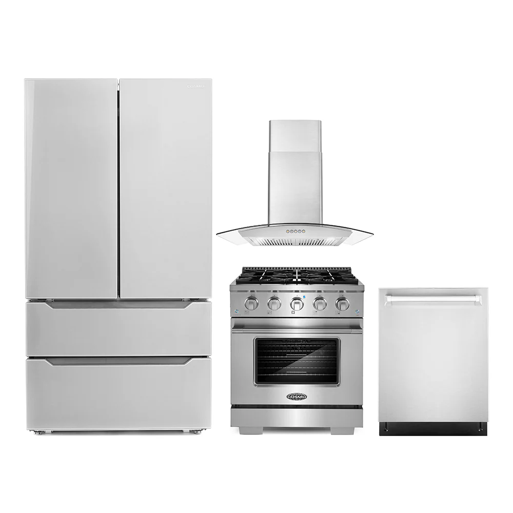 Cosmo 4-Piece Appliance Package - 30-Inch Gas Range, Wall Mount Range Hood, Dishwasher and Refrigerator in Stainless Steel (COS-4PKG-048)