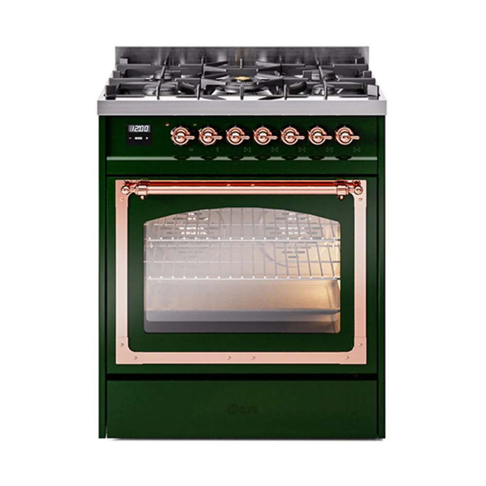 ILVE Nostalgie II Noblesse 30-Inch Dual Fuel Range with Triple Glass Door in Emerald Green with Copper Trim (UN30NMPEGP)