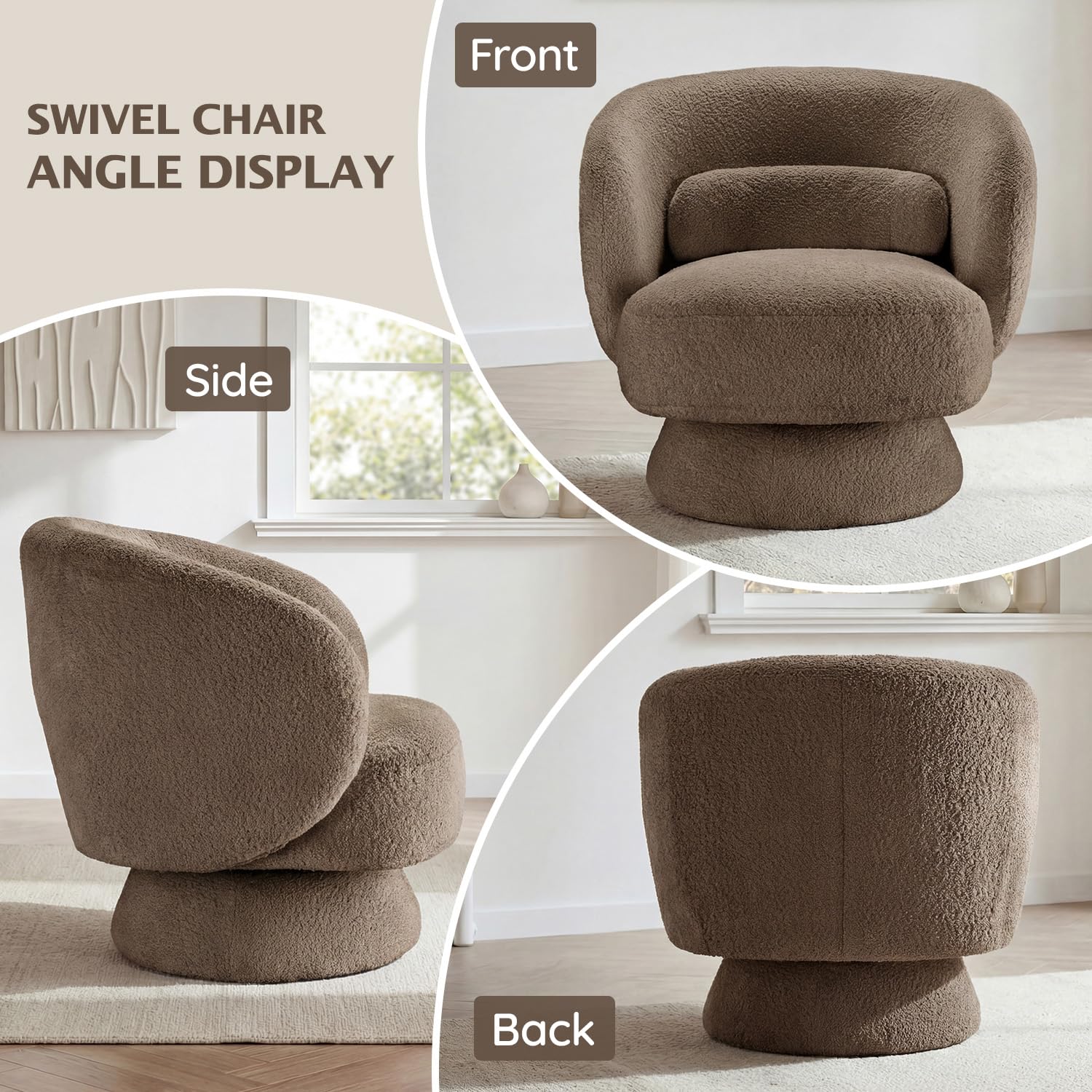 Swivel Accent Chair, Modern 360 Degree Swivel Barrel Chair with Arms & Curved Back and Lumbar Support Cushion, Comfy Round Single Boucle Sofa for Small Space, Living Room, Bedroom, Brown
