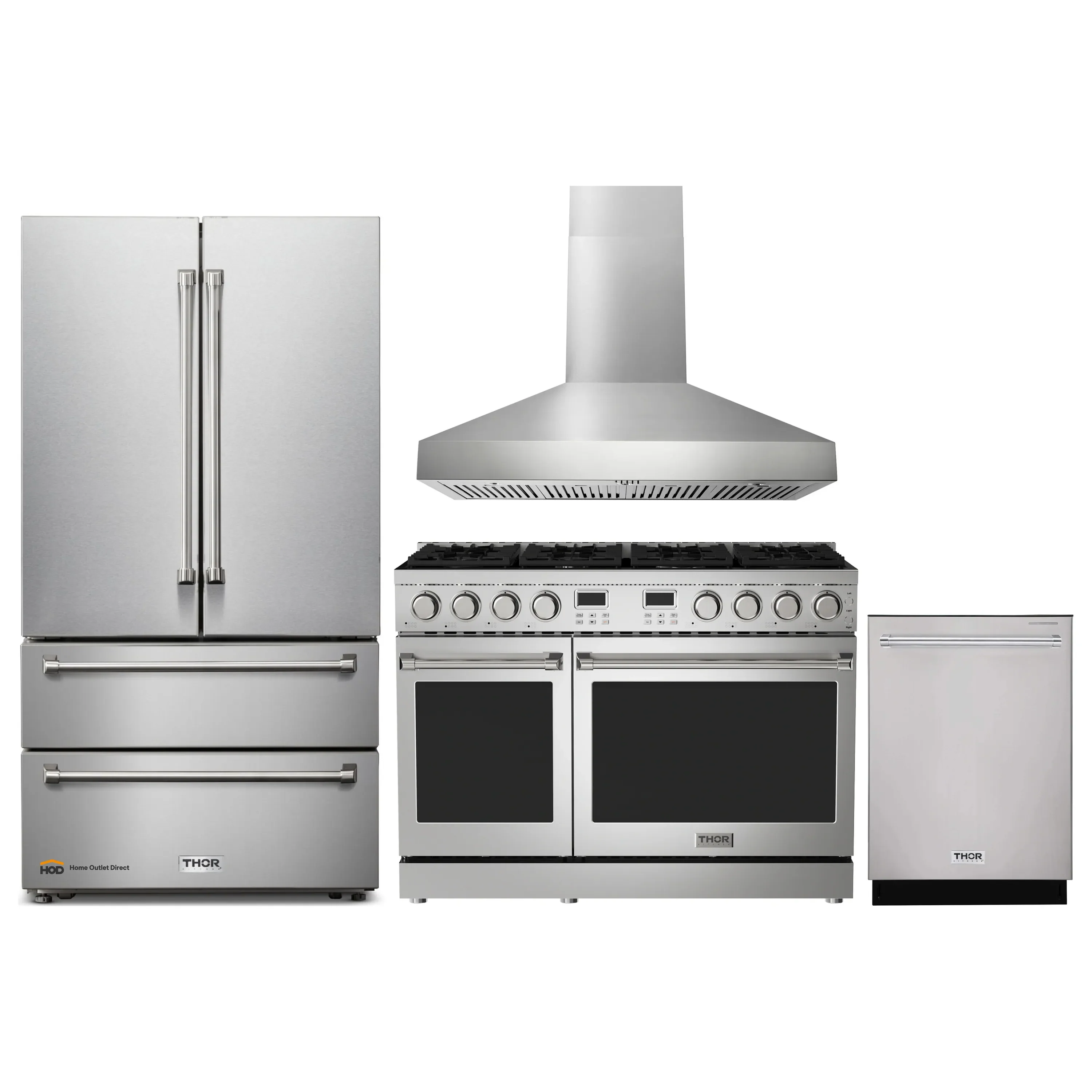 Thor Kitchen A-Series 4-Piece Appliance Package - 48-Inch Gas Range, Pro-Style Wall Mount Range Hood, Refrigerator, and Dishwasher in Stainless Steel