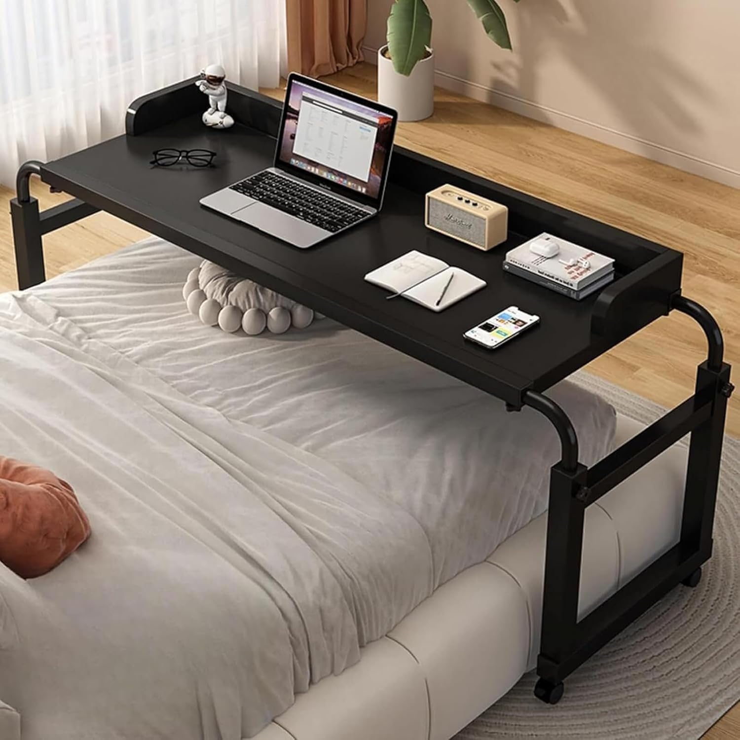 Bed Tables Adjustable 115-210cm, Over Bed Desk Adjustable 115-210cm Computer Desk Standing Workstation Food Tray Desk Rolling Medical Table with 4 Wheels for Home Bedroom