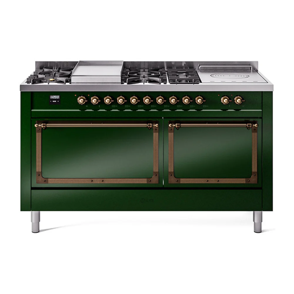 ILVE 60-Inch Nostalgie II Noblesse Dual Fuel Range with 7 Sealed Burners, Gridlde, French Top, and Solid Door Oven in Emerald Green with Bronze Trim (UN60FSQNMPEGB)