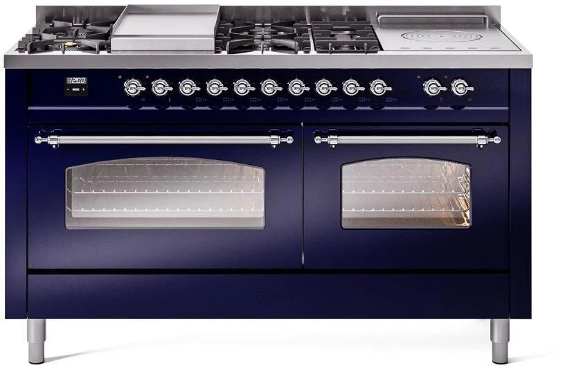 ILVE Nostalgie II 60-Inch Dual Fuel Range with 7 Burners, Griddle, & French Top with Triple Glass Door Oven in Midnight Blue with Chrome Trim (UP60FSNMPMBC)