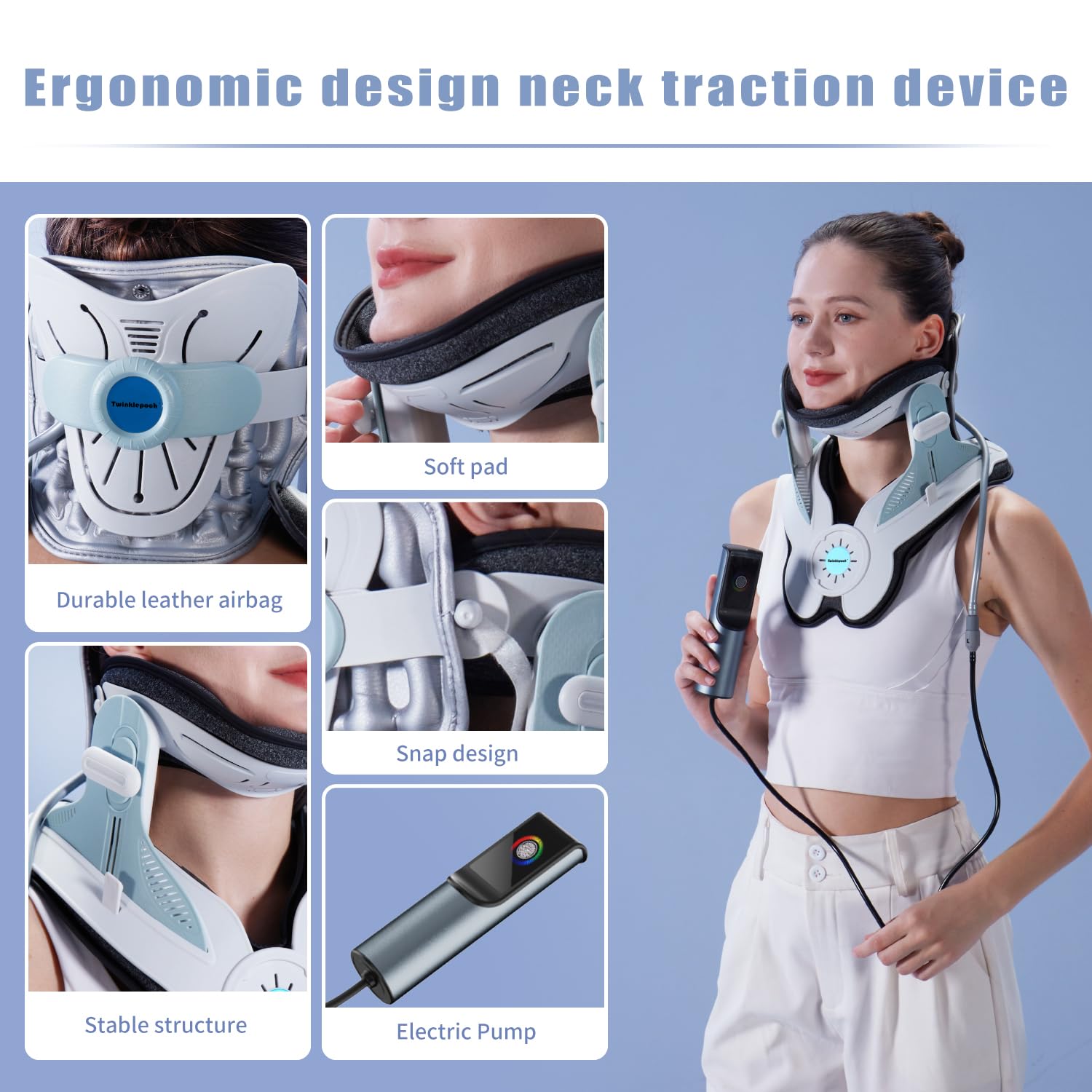 Twinklepoch Cervical Neck Traction Device, Electric Air Pump Cervical Traction Device with 3 Power Traction and 8 Built-in Airbag Support, Neck Pain Relief and Relaxation