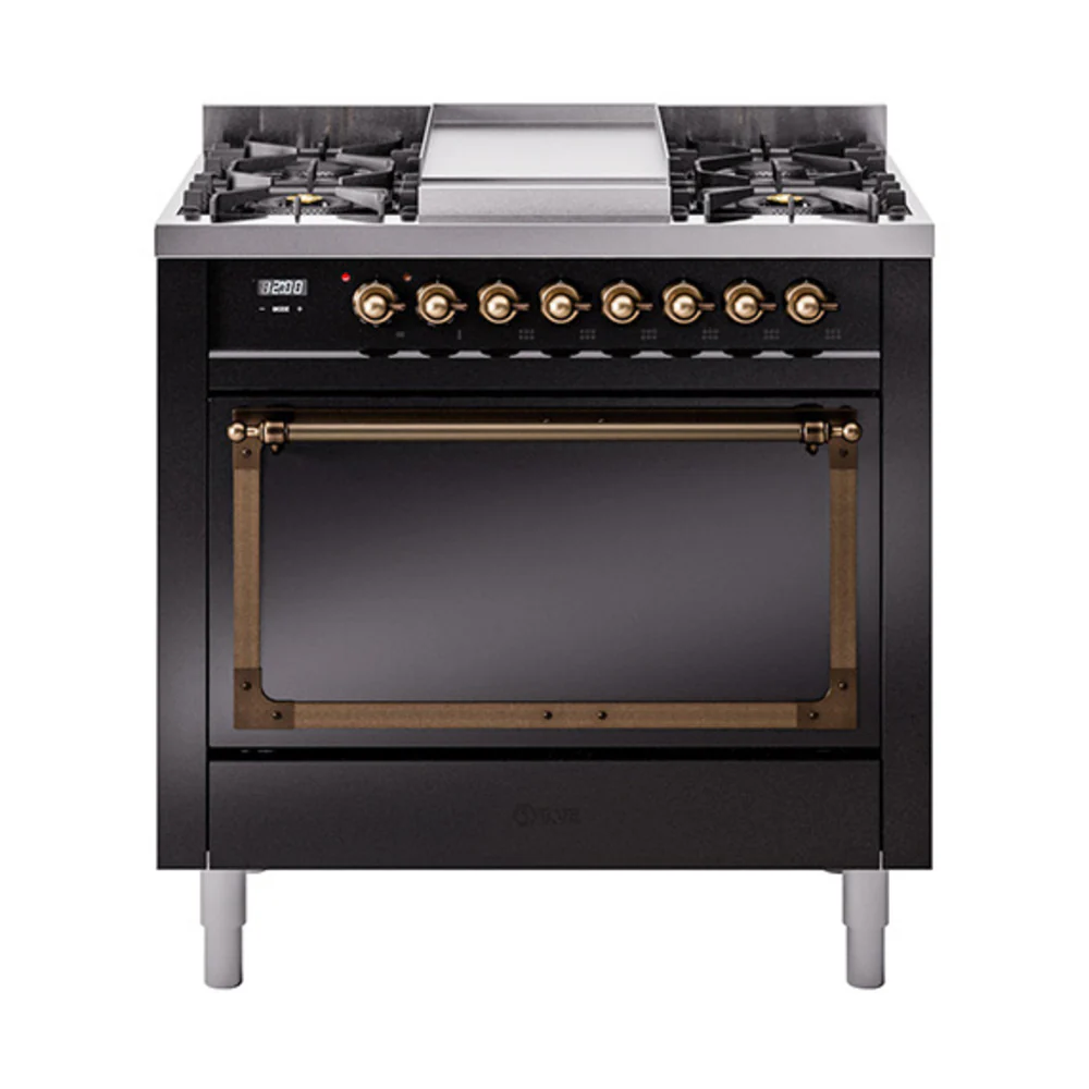 ILVE Nostalgie II Noblesse 36-Inch Dual Fuel Range and Solid Door Oven in Glossy Black with Bronze Trim (UN36FQNMPBKB)