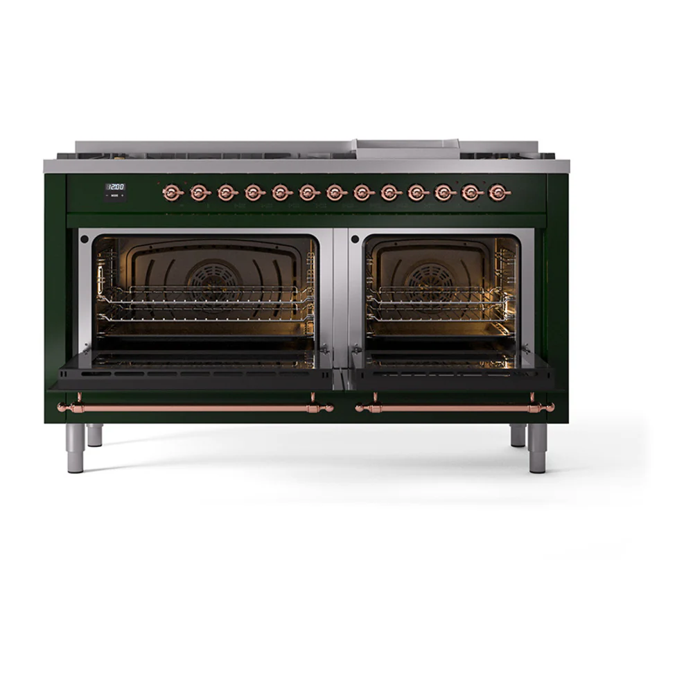 ILVE 60-Inch Nostalgie II Dual Fuel Range with 9 Burners, Griddle, and Solid Door Oven in Emerald Green with Copper Trim (UP60FQNMPEGP)