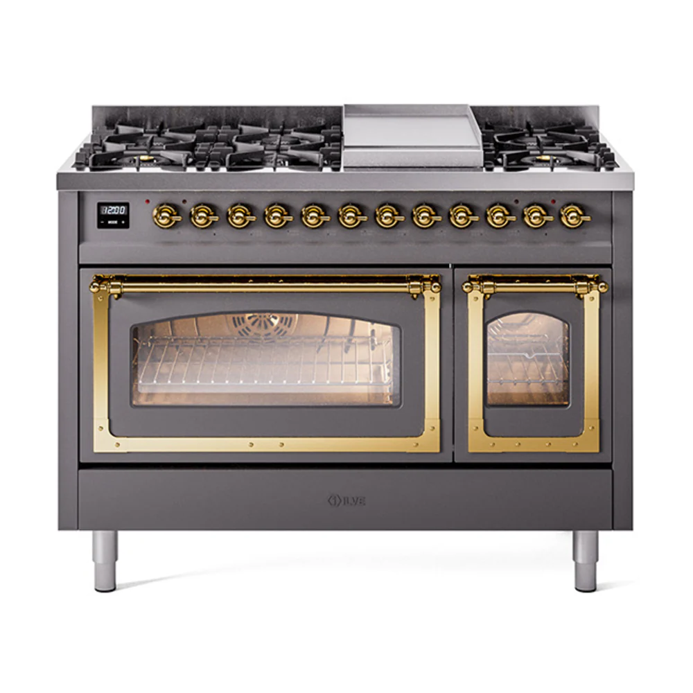 ILVE Nostalgie II Noblesse 48-Inch Dual Fuel Freestanding Range in Matte Graphite with Brass Trim (UN48FNMPMGG)