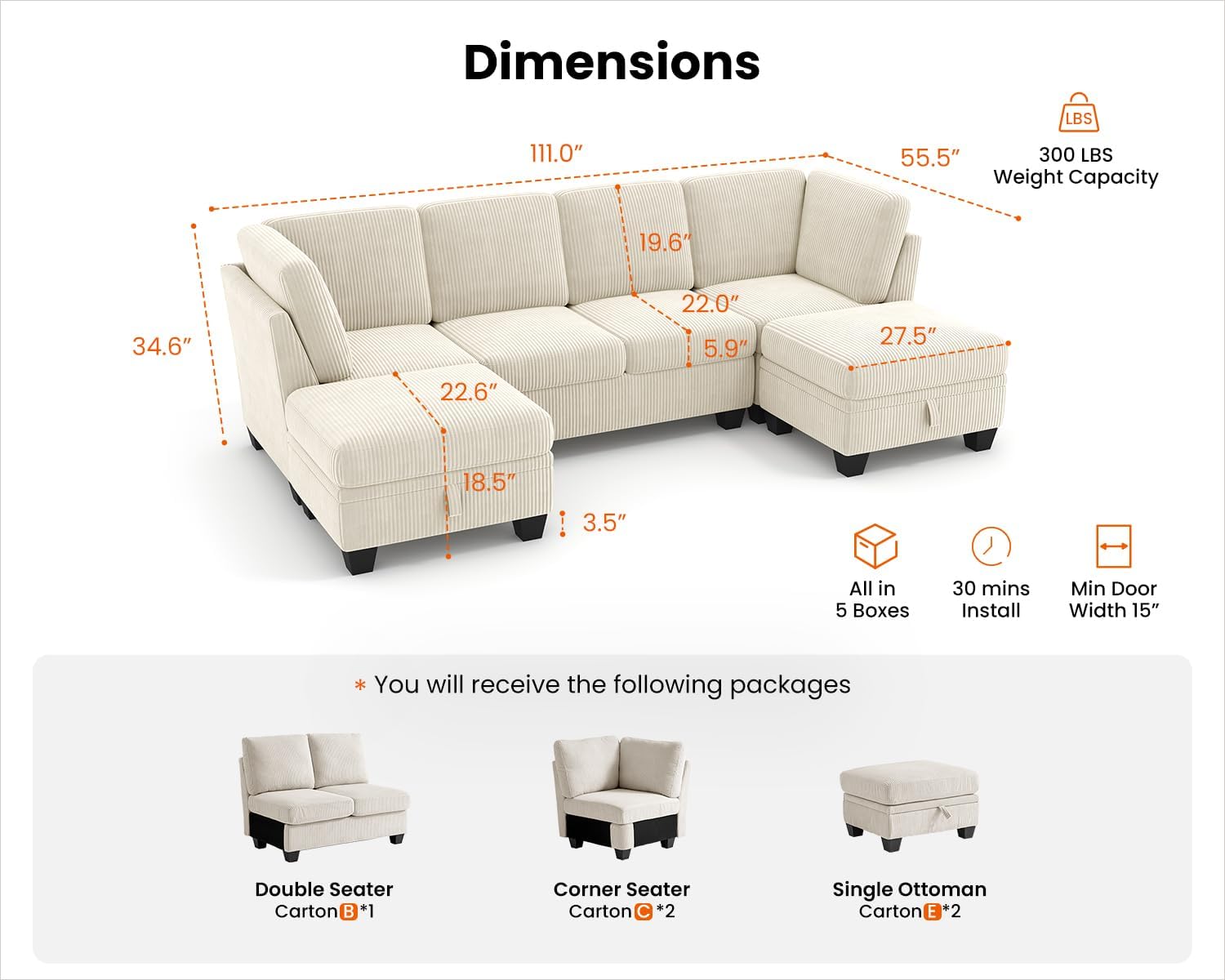 CHIC HOUSE Modular Sectional Couch - Corduroy Shaped Sleeper Sofa Bed with Storage Ottoman Armrest Neck Support Convertible Furniture for Living Room, Lounge (Beige, 6 Seater U-Shaped)