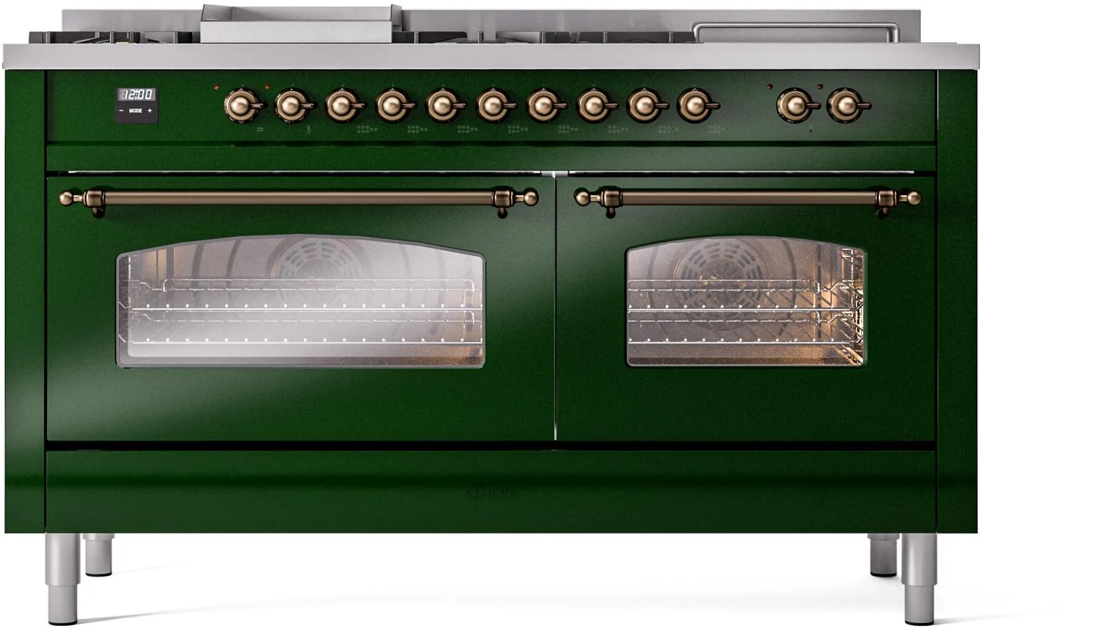 ILVE Nostalgie II 60-inch Dual Fuel Range with 7 Burners, Griddle, & French Top with Triple Glass Door Oven in Emerald Green with Bronze Trim (UP60FSNMPEGB)