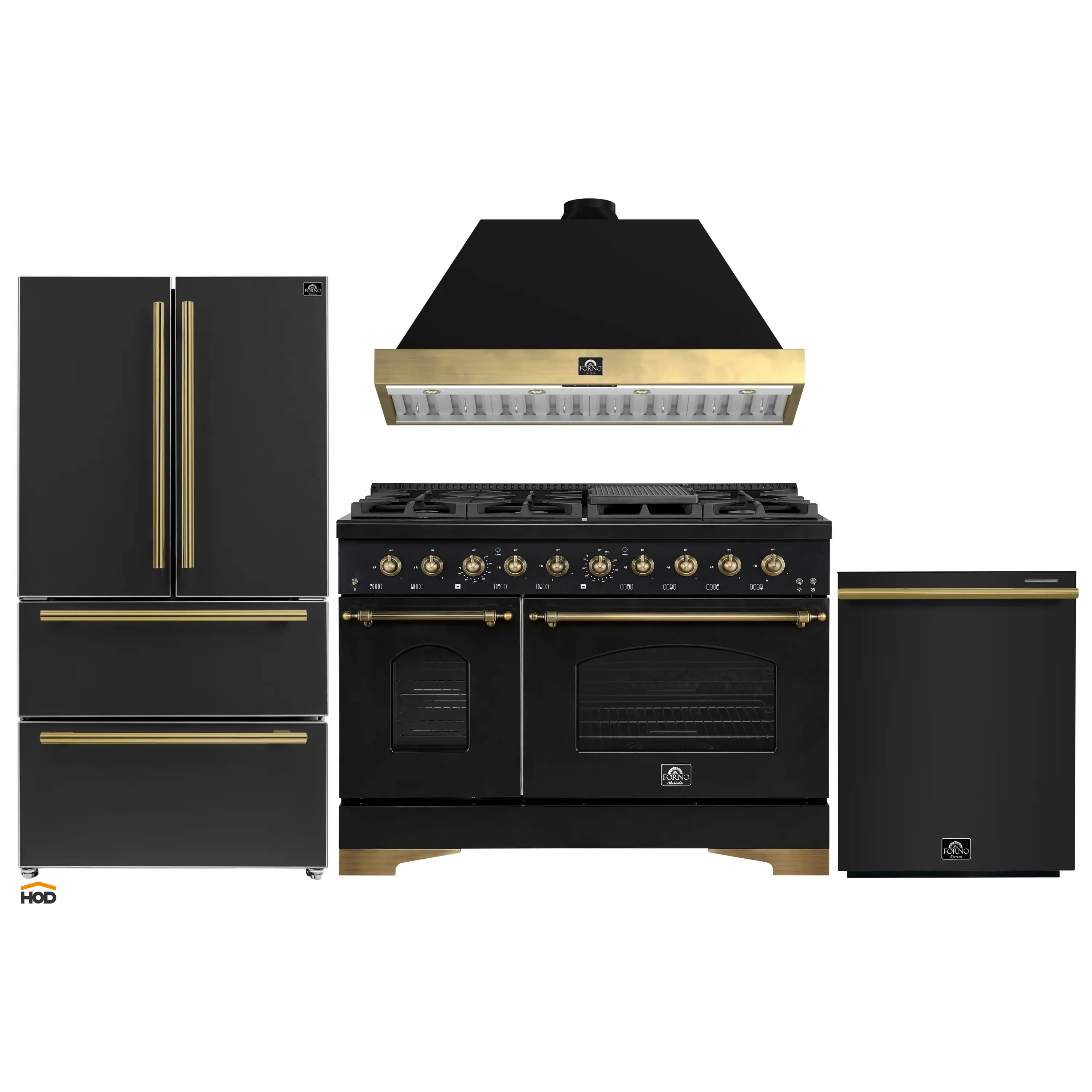 Forno Antico 4-Piece Appliance Package - 48-Inch Gas Range, 48-Inch Hood, 36-Inch Refrigerator, & 24-Inch Dishwasher in Black with Antique Brass Trim