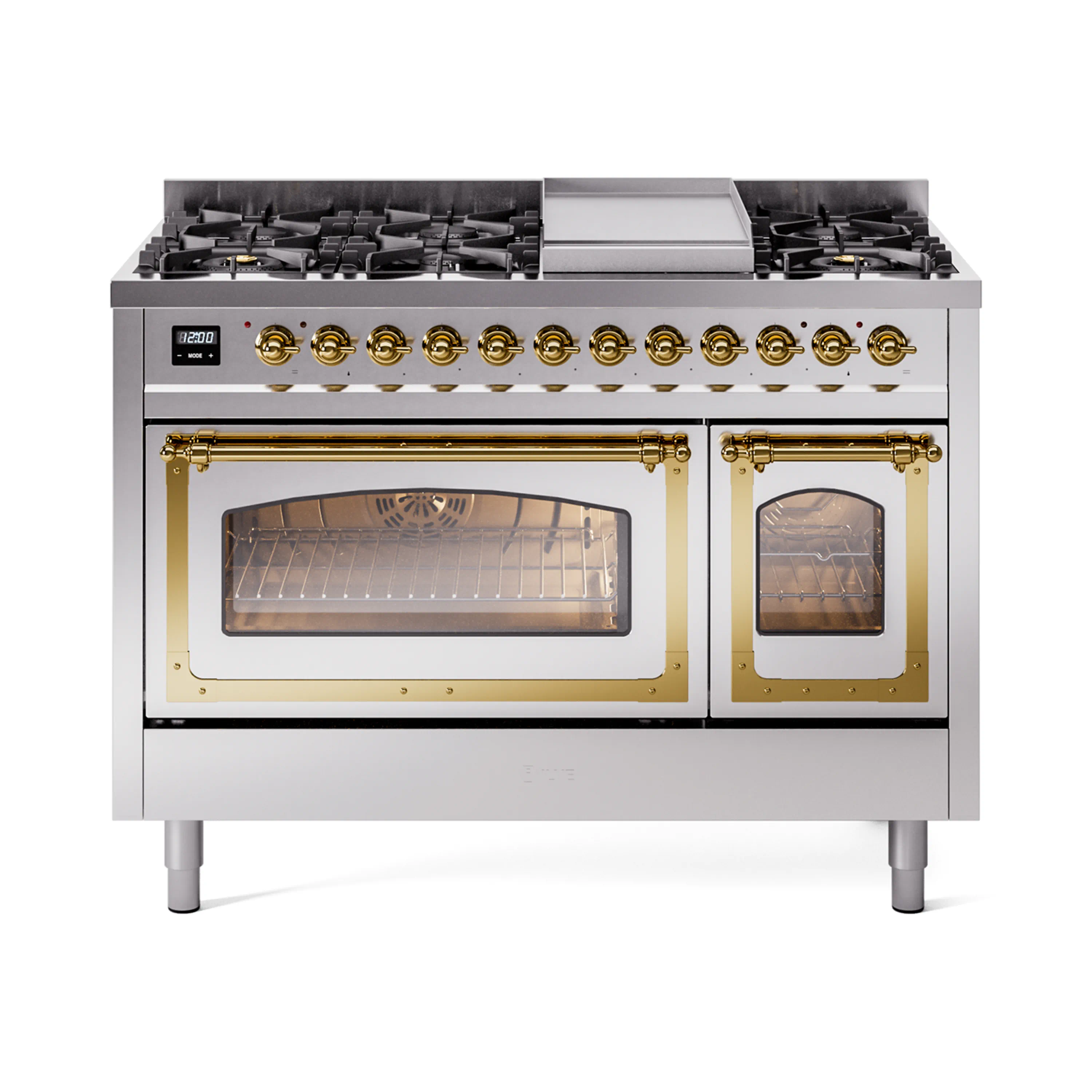 ILVE Nostalgie II Noblesse 48-Inch Dual Fuel Freestanding Range in Stainless Steel with Brass Trim (UN48FNMPSSG)