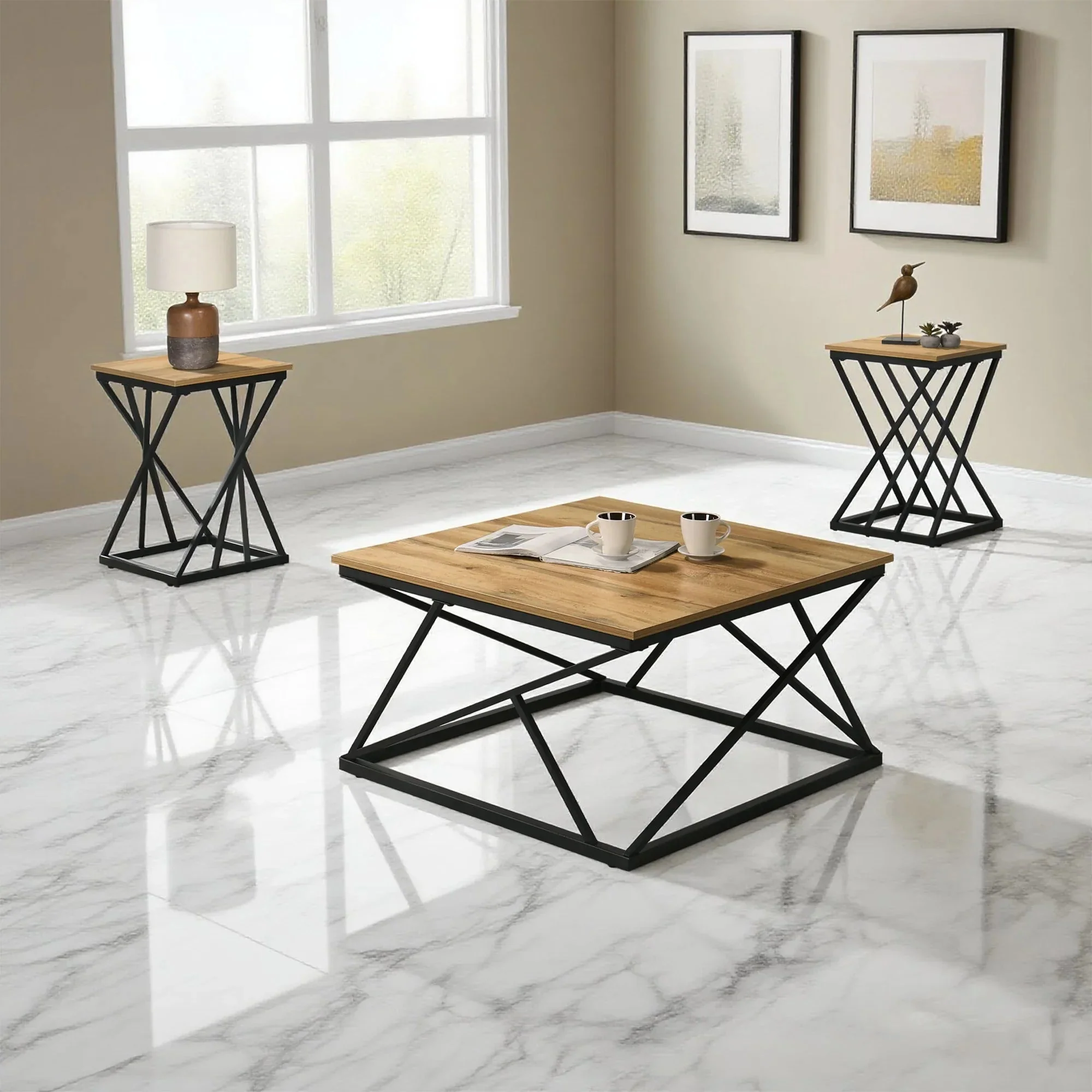 Parrot Uncle Borup Rustic 31.5-Inch, 3-Piece Coffee Table Set with Decorative Wrought Metal Side