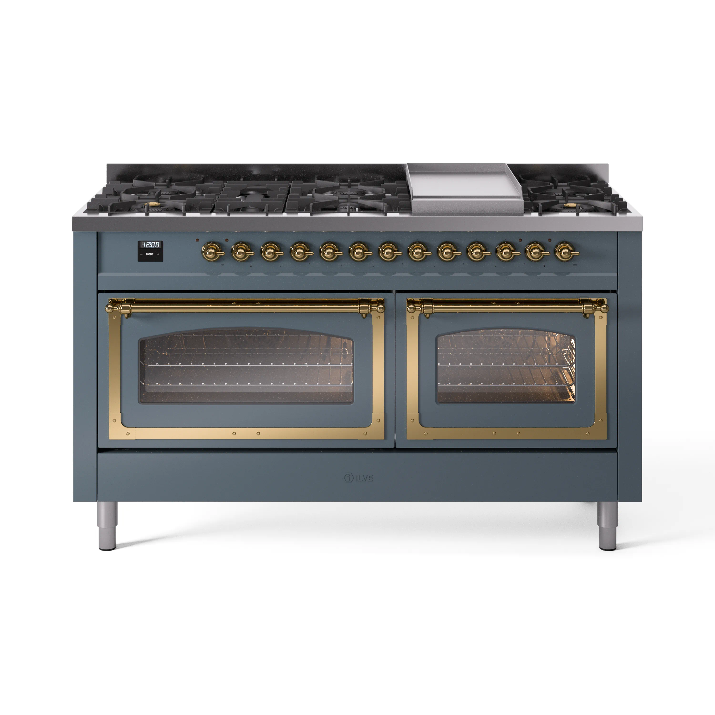ILVE 60-Inch Nostalgie II Noblesse Dual Fuel Range with 9 Sealed Burners, Griddle, Triple Glass Door Oven in Blue Grey with Brass Trim (UN60FNMPBGG)