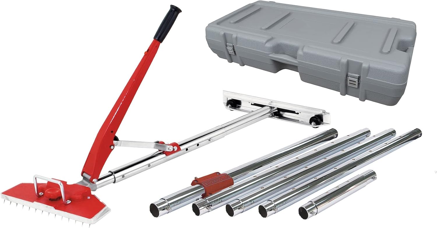 ROBERTS 10-254 23-1/2 Foot Power-Lok Carpet Stretcher Kit with 17 Locking Positions and 18 Inch Tail Block with Wheels, Including Wheeled Carrying Case , Red