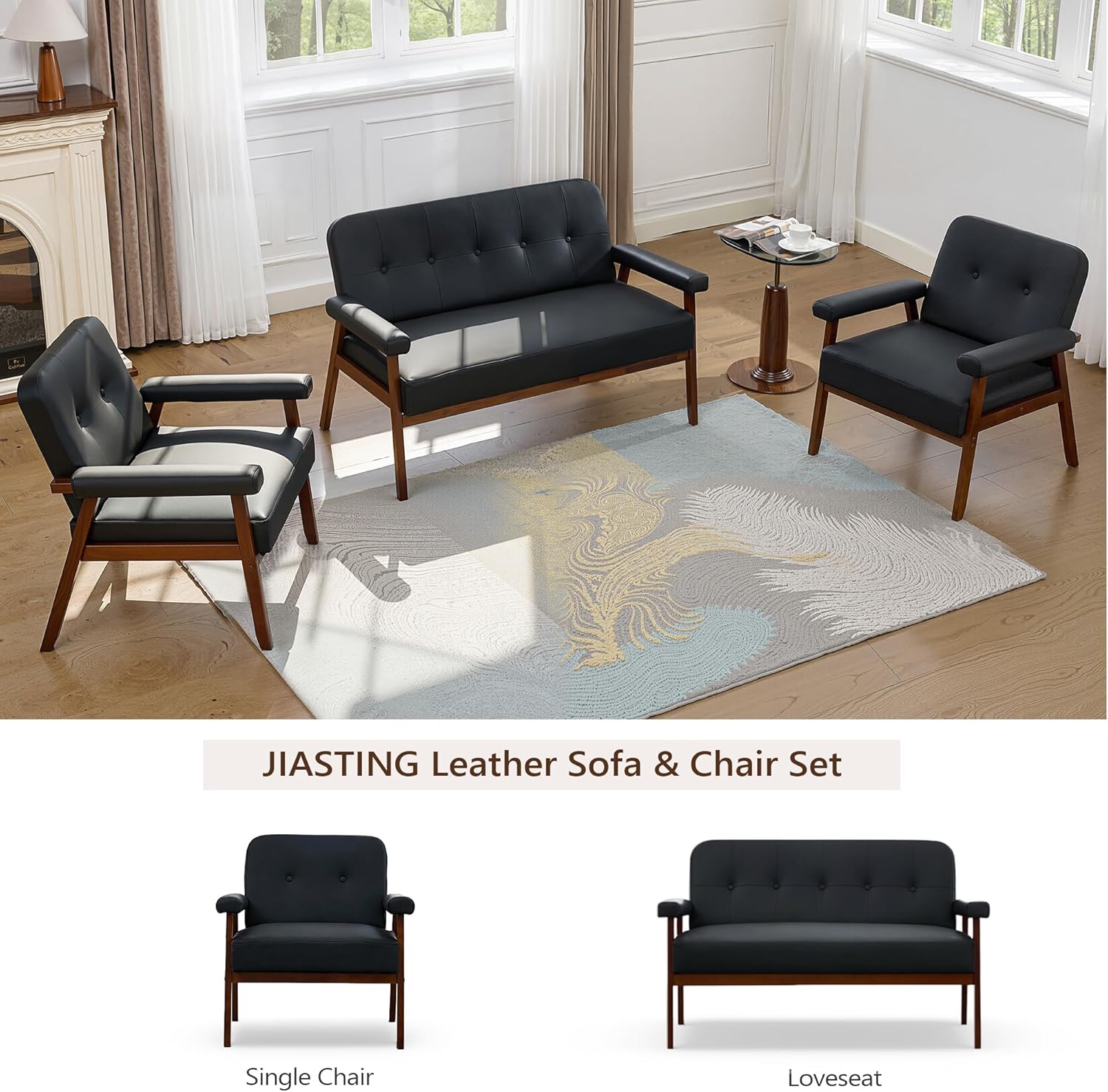 JIASTING Accent Chairs Set of 2, Black Leather Chairs with Solid Wood Frame, Tufted Small Mid-Century Modern Wooden Arm Chair, Comfy Office Reading Armchair for Living Room, Bedroom (2)