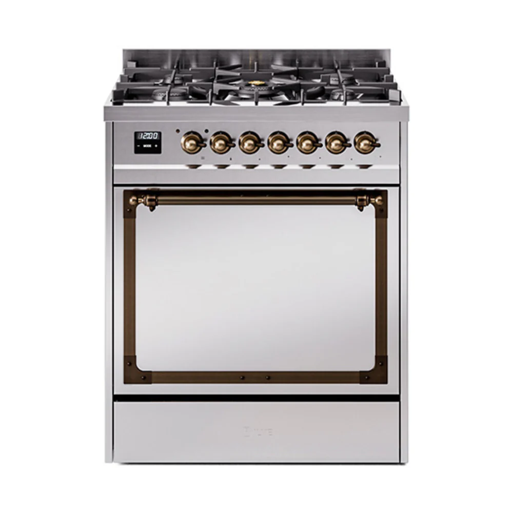 ILVE Nostalgie II Noblesse 30-Inch Dual Fuel Range with Solid Door in Stainless Steel with Bronze Trim (UN30QNMPSSB)