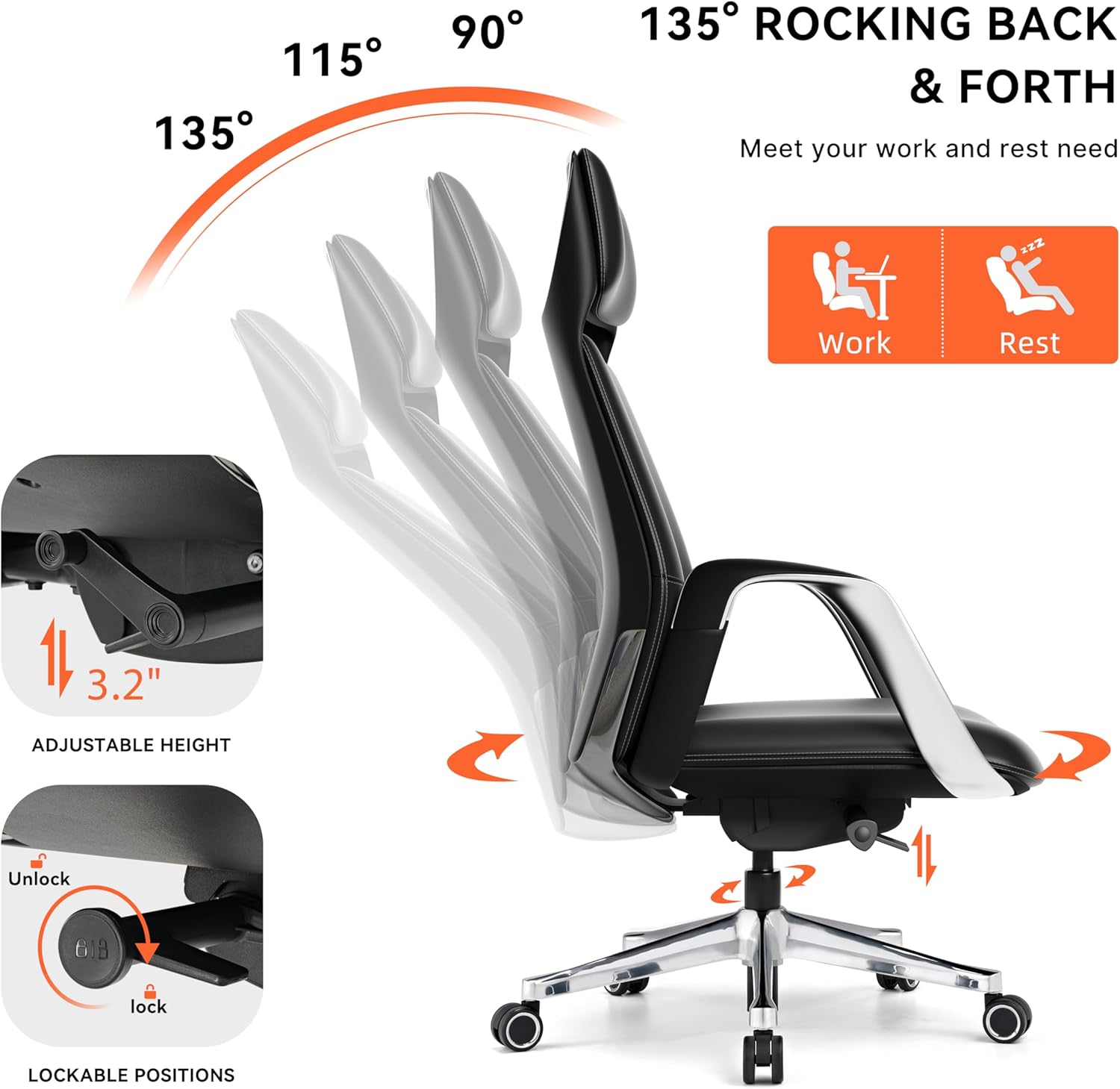 EUREKA ERGONOMIC Serene Executive Office Chair Genuine Leather Office Chair, Modern Executive Chair 135° Back Support Comfy Desk Chair with Arms & Aluminum Base for Home-Black