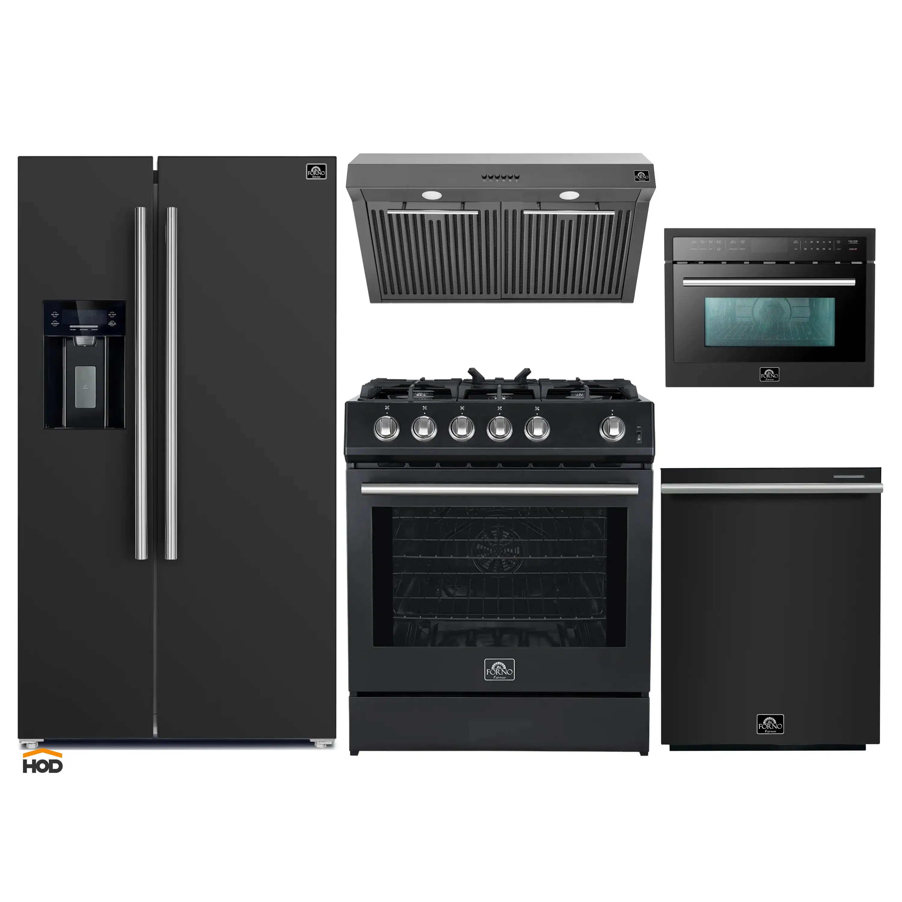 Forno 5-Piece Appliance Package - 30-Inch Gas Range, Under Cabinet Range Hood, Refrigerator with Water Dispenser, Dishwasher, and 24-Inch Microwave Oven in Black with Stainless Steel Trim