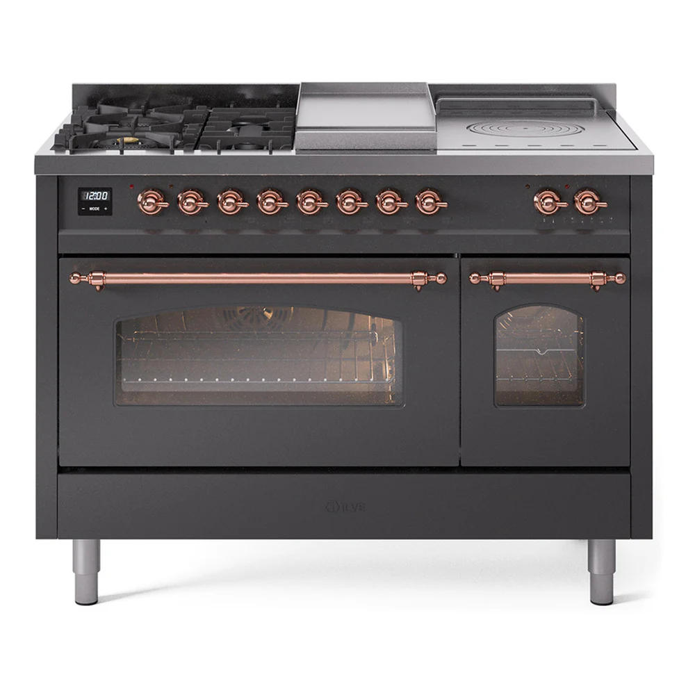 ILVE Nostalgie II 48-Inch Dual Fuel Range with 5 Burners, Griddle, & French Top with Triple Glass Door Oven in Matte Graphite with Copper Trim (UP48FSNMPMGP)