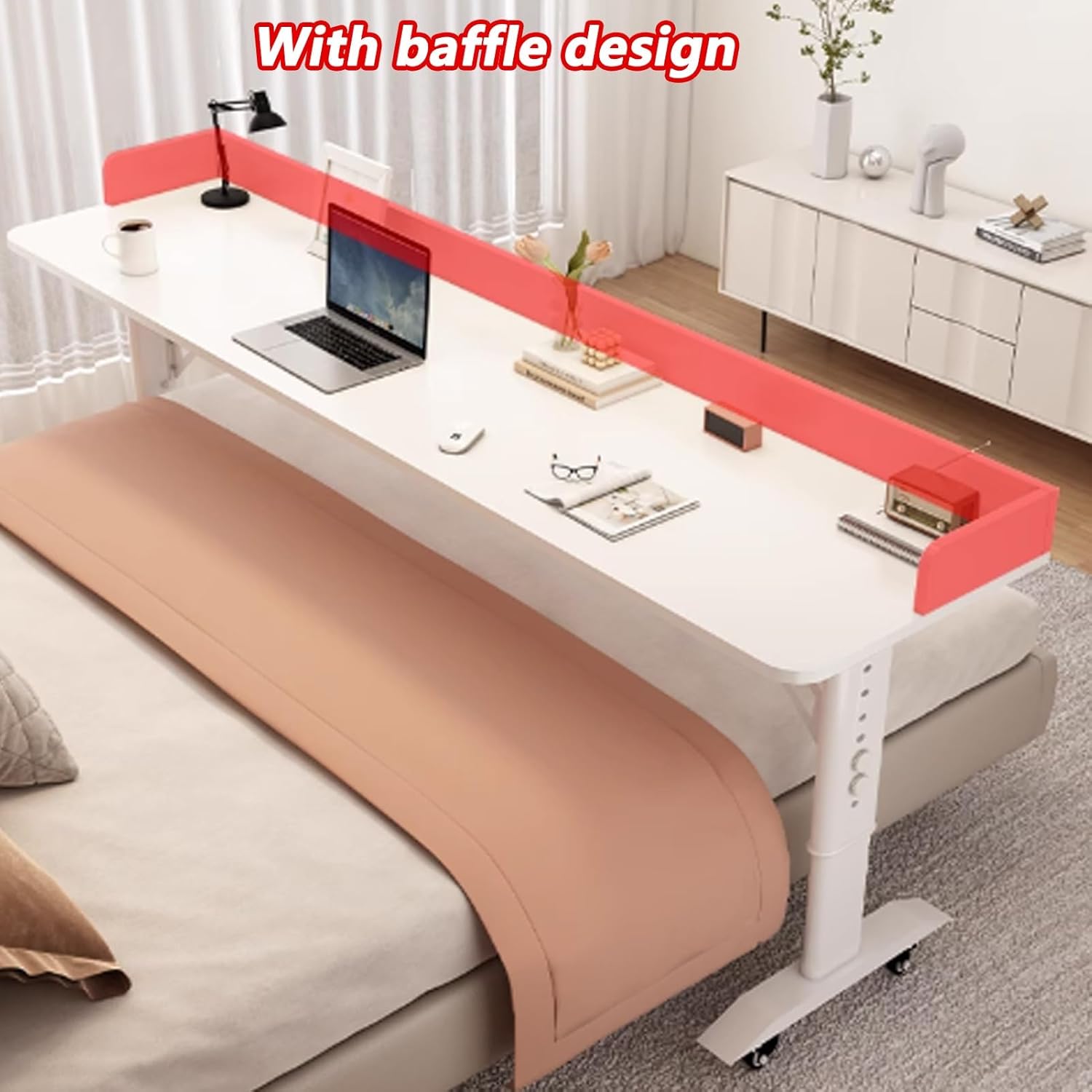 Adjustable Overbed Table with Wheels, Adjustable Height Rolling Tables, Laptop Desk Over Bed Tables with Baffle, Bed Desk for Hospital and Home Use(White,210x50cm/82.6x19.6in)