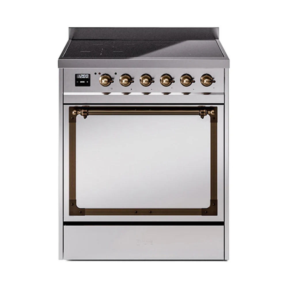 ILVE 30-Inch Nostalgie II Noblesse Induction Range with Solid Door Oven in Stainless Steel with Bronze Trim (UNI304QNMPSSB)