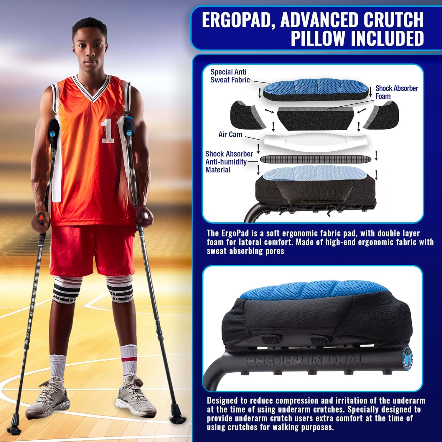 Ergobaum Dual Black Cobra(5' to 6'6'') Ergonomic Underarm Crutches (1 Pair) of Double-Function Shock Absorber Underarm Crutches with Arm Support (Real Carbon Fiber)