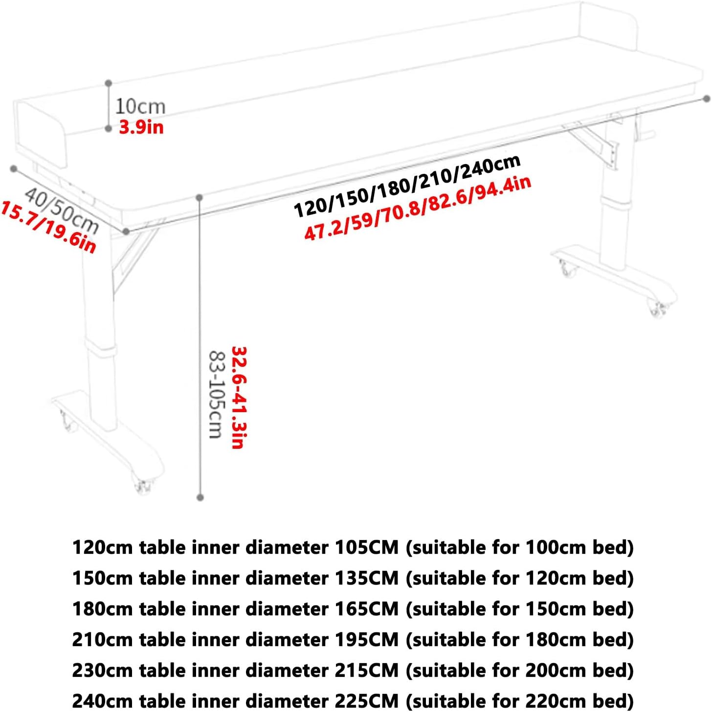 Adjustable Height Over The Bed Table, 360° Free Rotating Sofa Side Table with Manual Handle and Wheels, Cross-Bed Overbed Table, Standing Workstation Laptop Des for Work(240x40cm/94.4x15.7in)